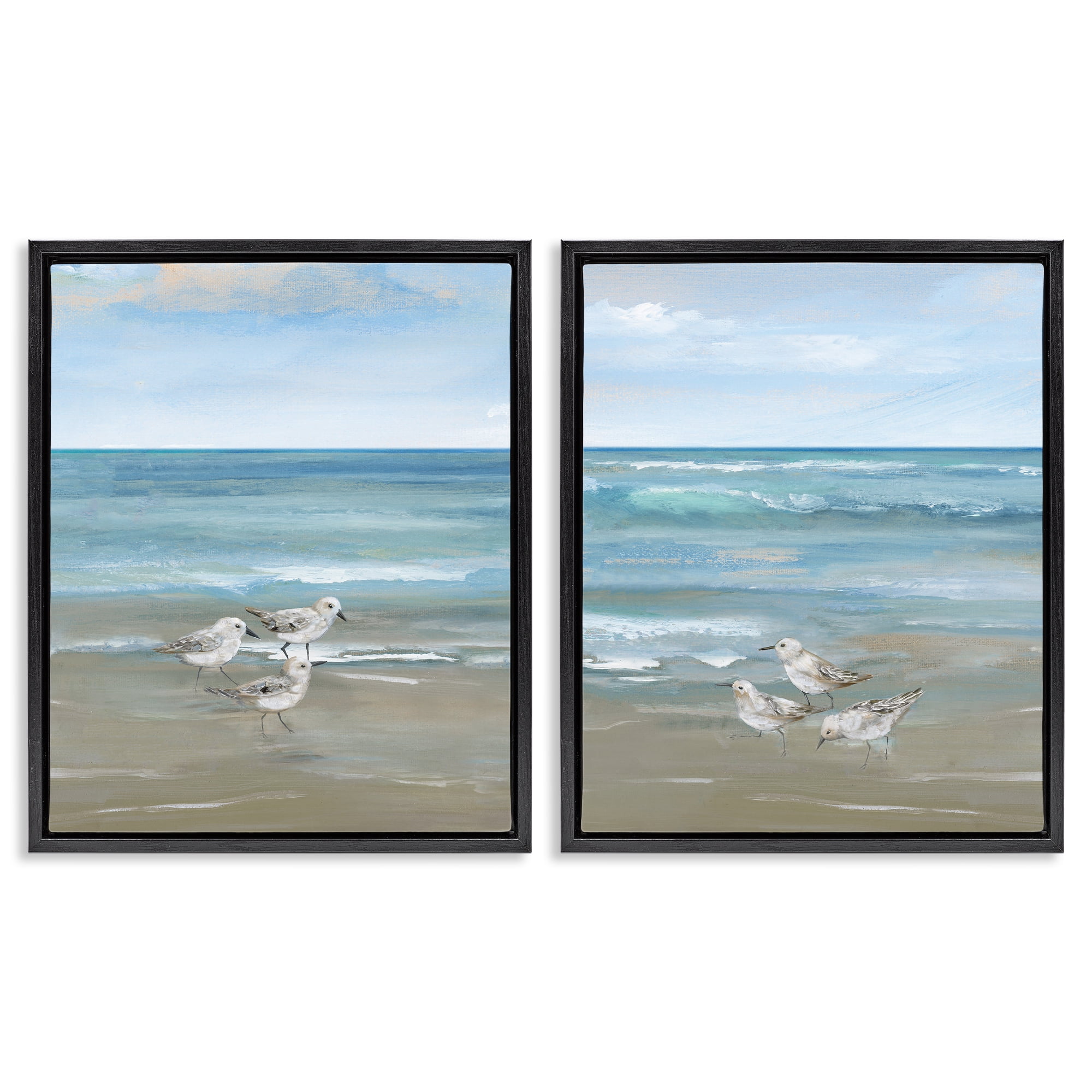 Stupell Industries Seaside Sanderlings at Dawn 2 Piece Black Framed Floater Canvas Set, design by Nan
