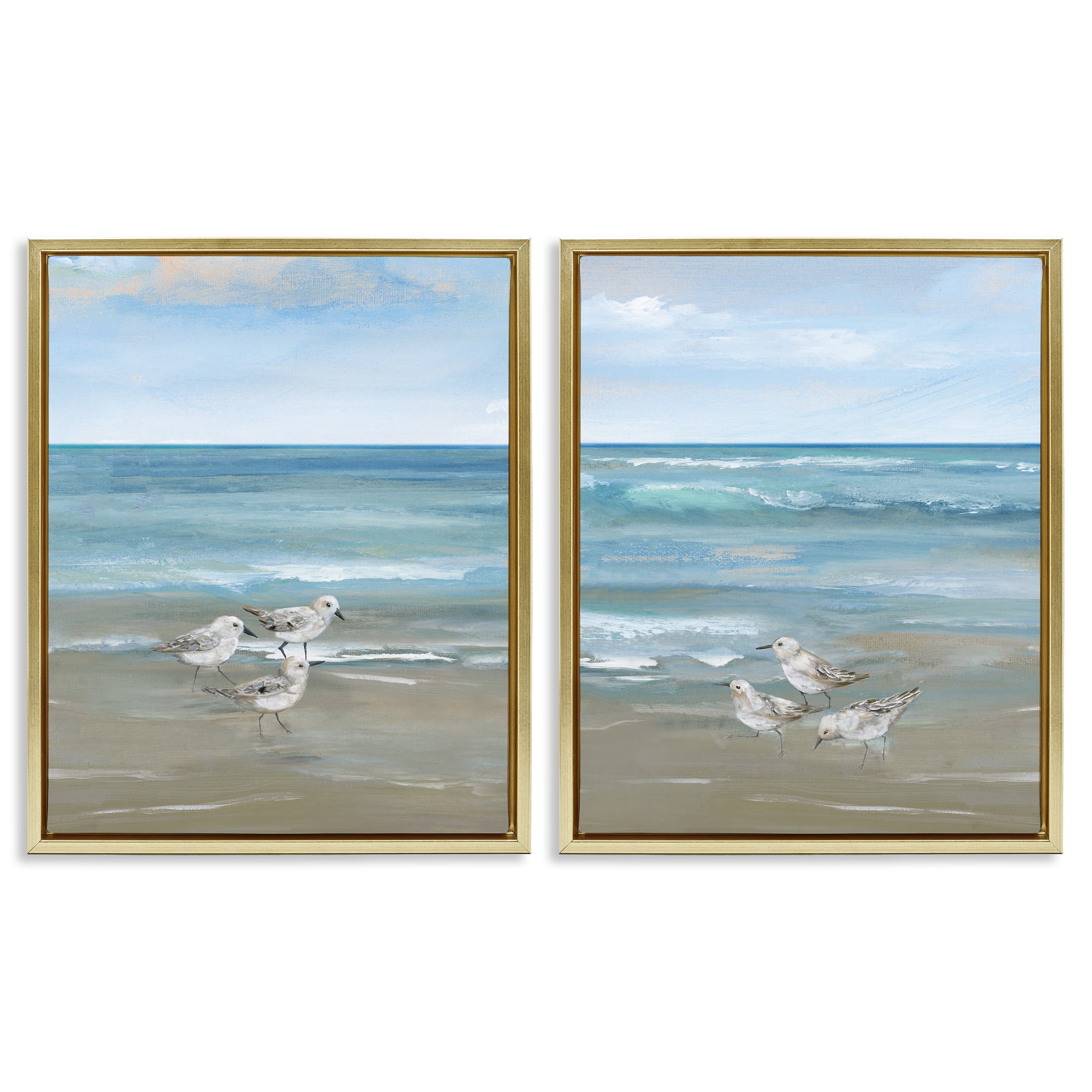 Stupell Industries Seaside Sanderlings at Dawn 2 Piece Gold Framed Floater Canvas Set, design by Nan