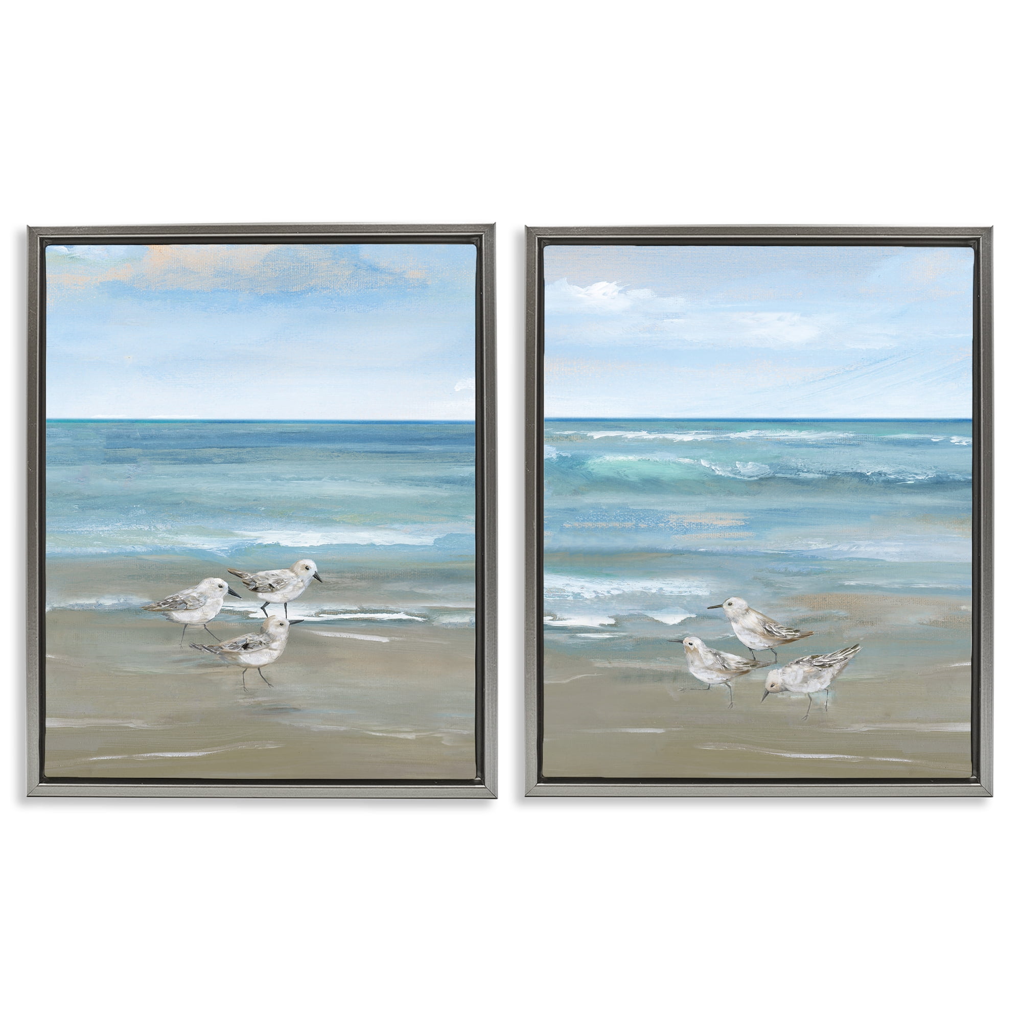 Stupell Industries Seaside Sanderlings at Dawn 2 Piece Gray Framed Floater Canvas Set, design by Nan