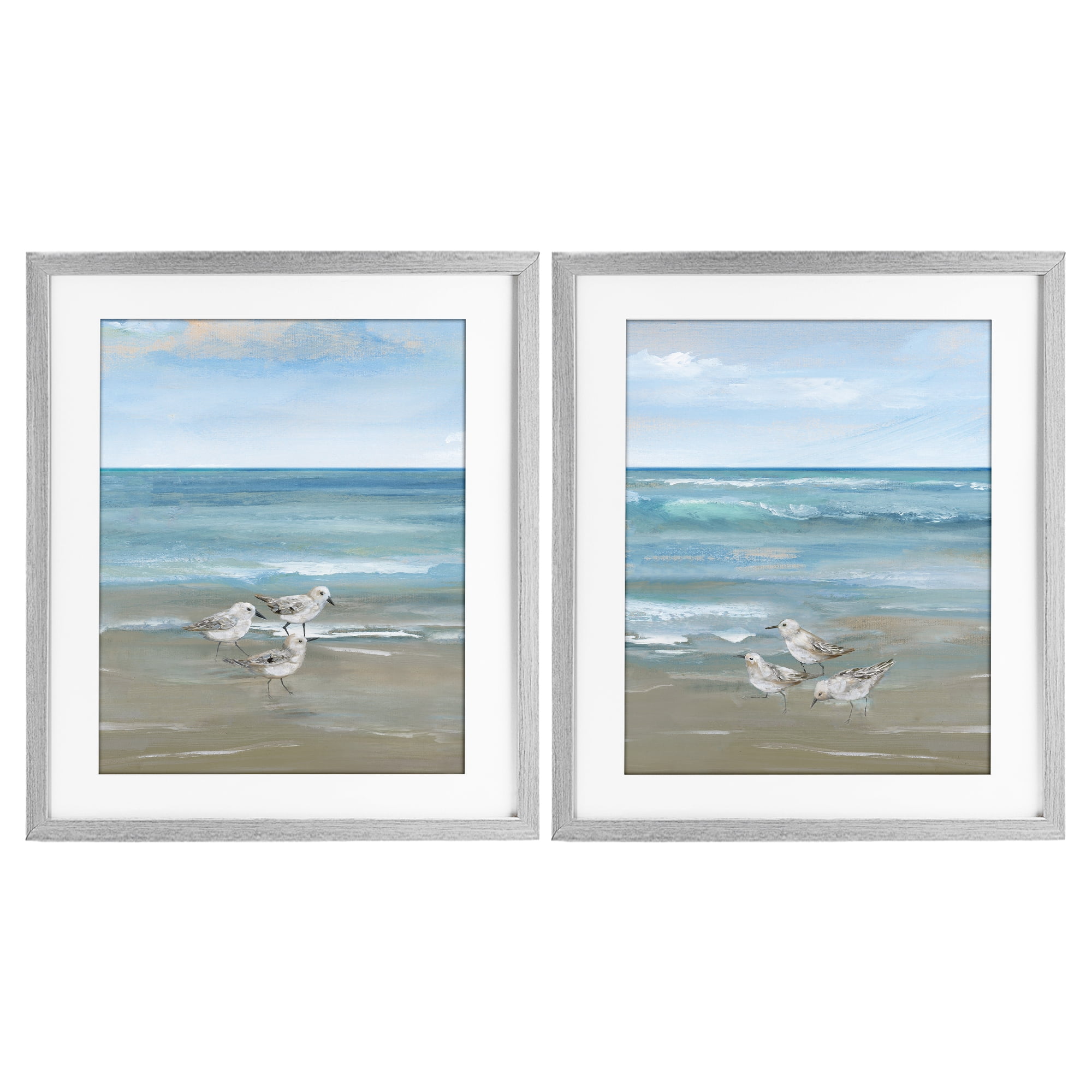 Stupell Industries Seaside Sanderlings at Dawn 2 Piece Gray Framed Print Under Glass Set, design by Nan