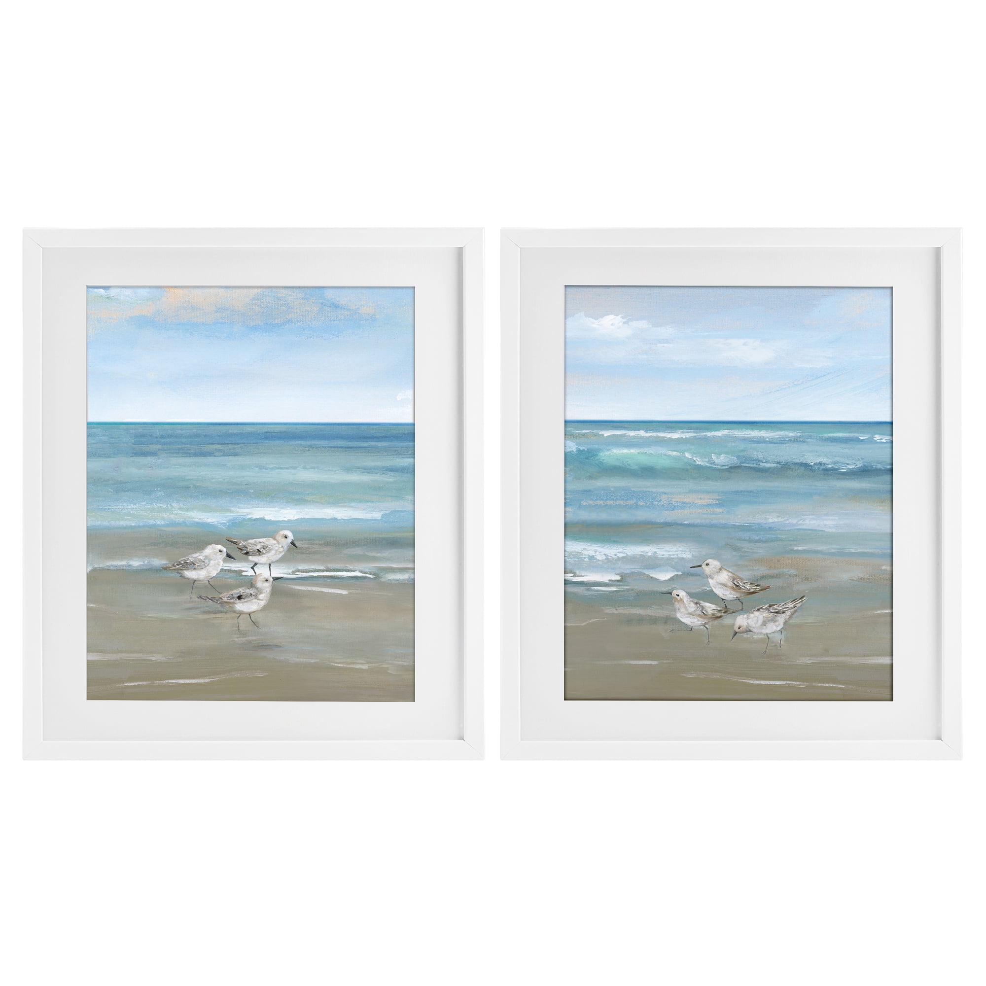 Stupell Industries Seaside Sanderlings at Dawn 2 Piece White Framed Print Under Glass Set, design by Nan