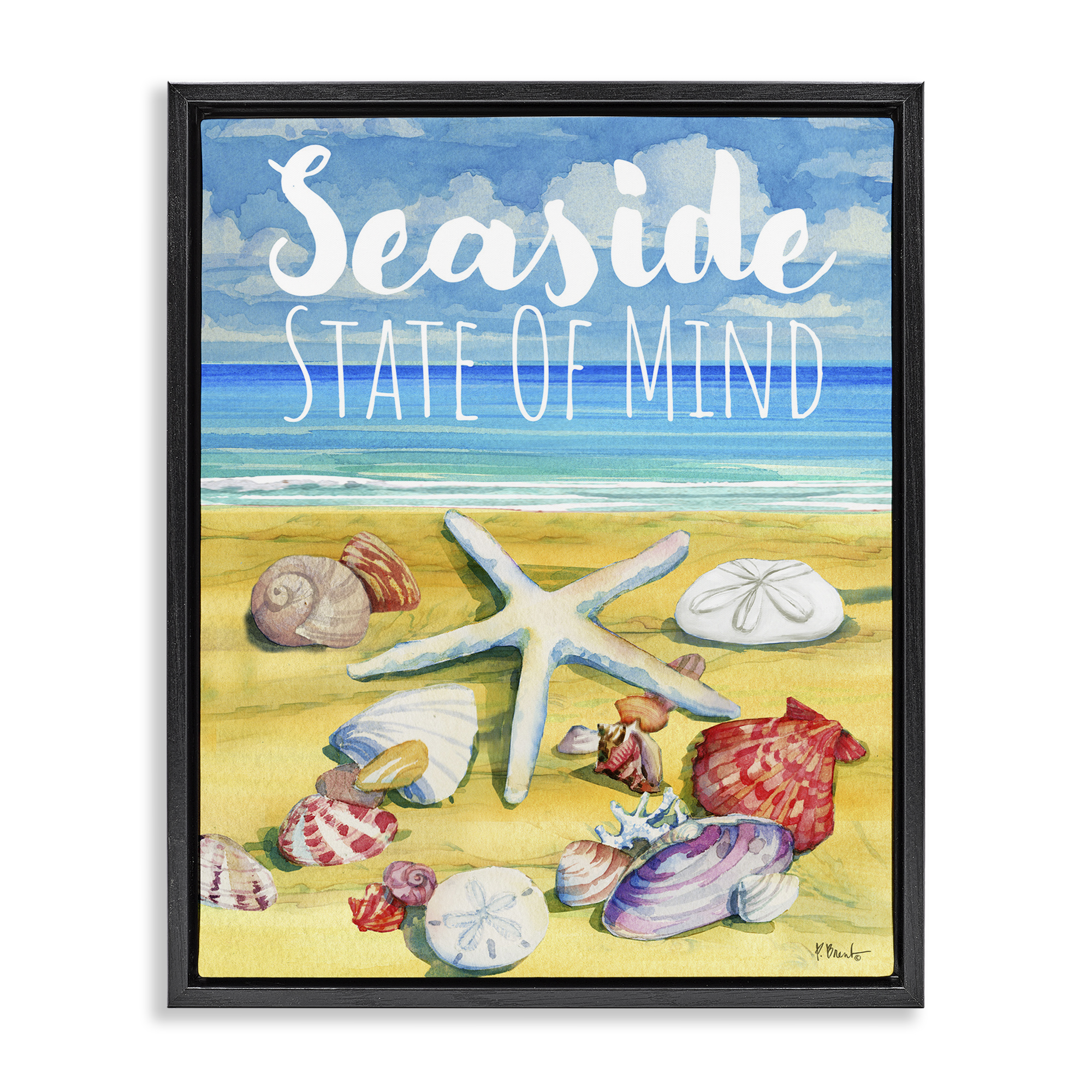 Stupell Industries Seaside Sandy Shells Coastal Painting Black Floater Framed Canvas Art Print Wall Art, 25 x 31