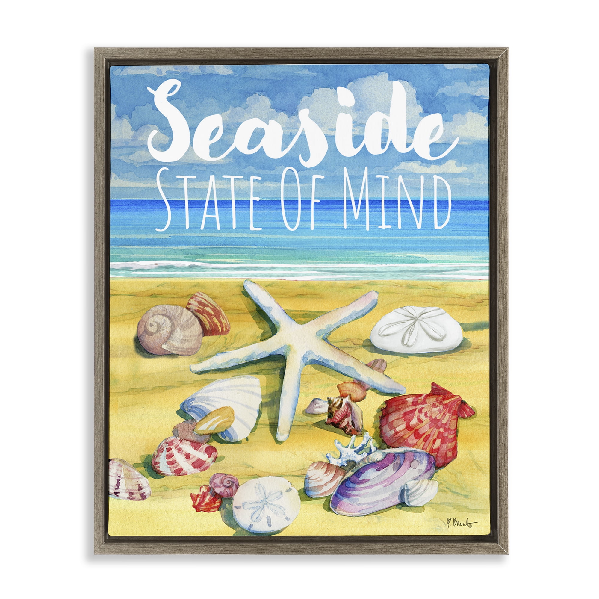 Stupell Industries Seaside Sandy Shells Coastal Painting Brown Floater Framed Canvas Art Print Wall Art, 25 x 31