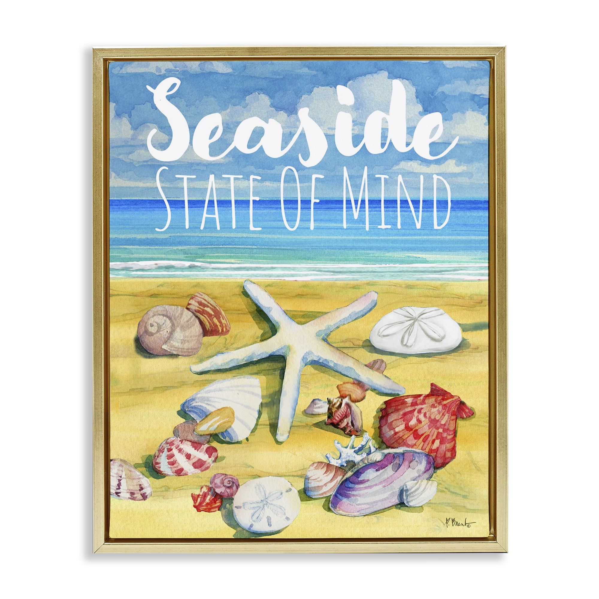 Stupell Industries Seaside Sandy Shells Coastal Painting Gold Floater Framed Canvas Art Print Wall Art, 17 x 21