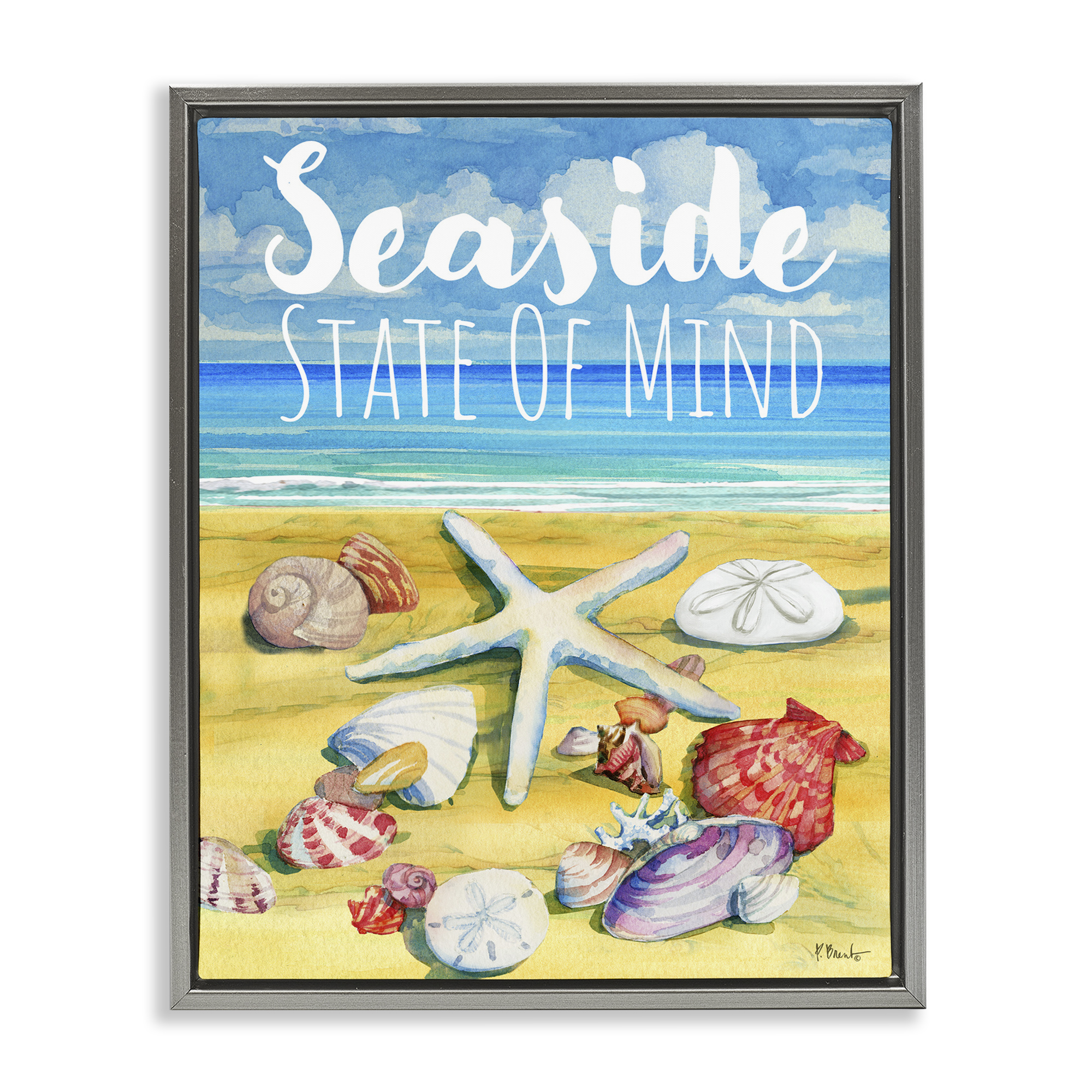 Stupell Industries Seaside Sandy Shells Coastal Painting Gray Floater Framed Canvas Art Print Wall Art, 25 x 31