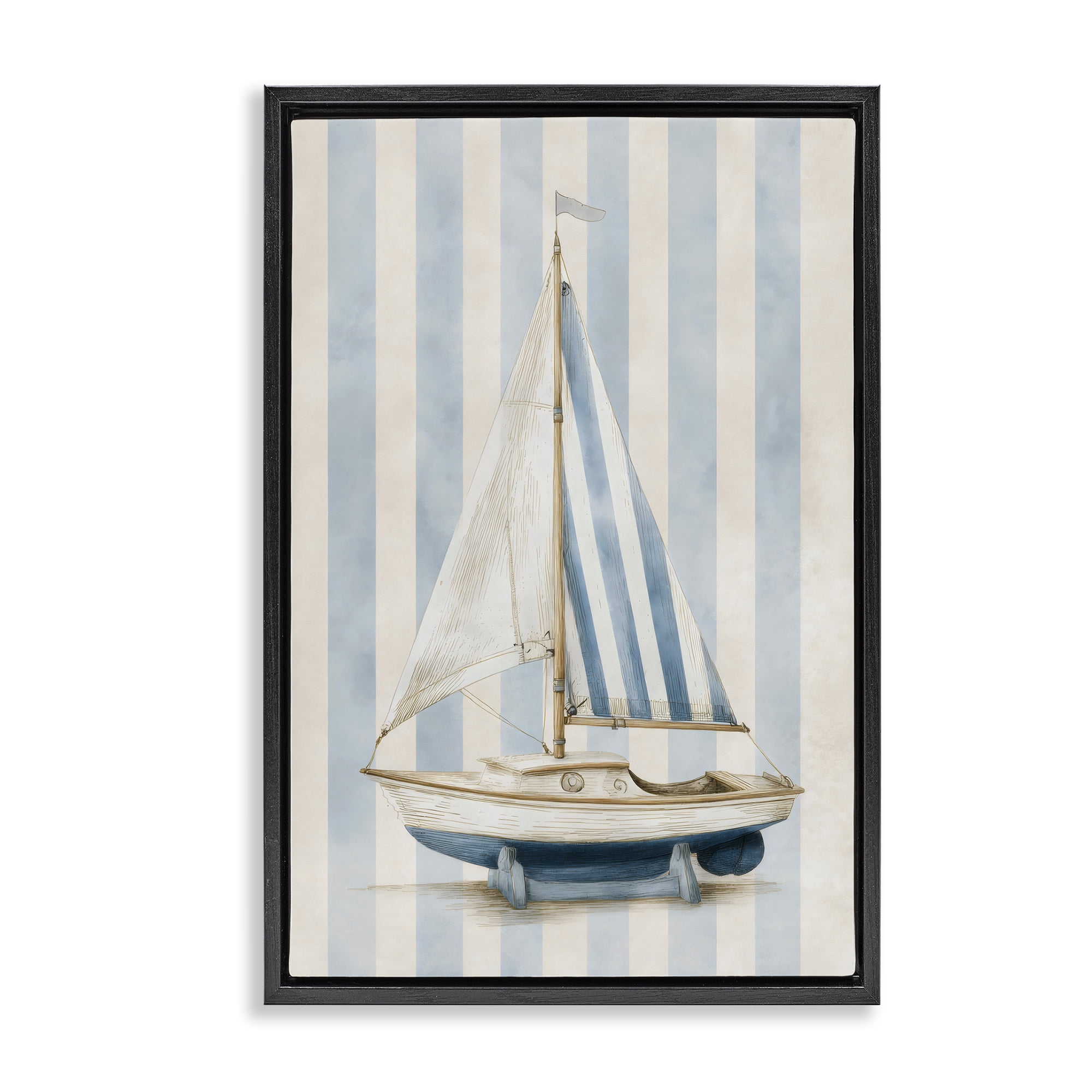 Stupell Industries Seaside Stripes Sailboat Black Framed Floater Canvas Wall Art, design by Petal Prints Design