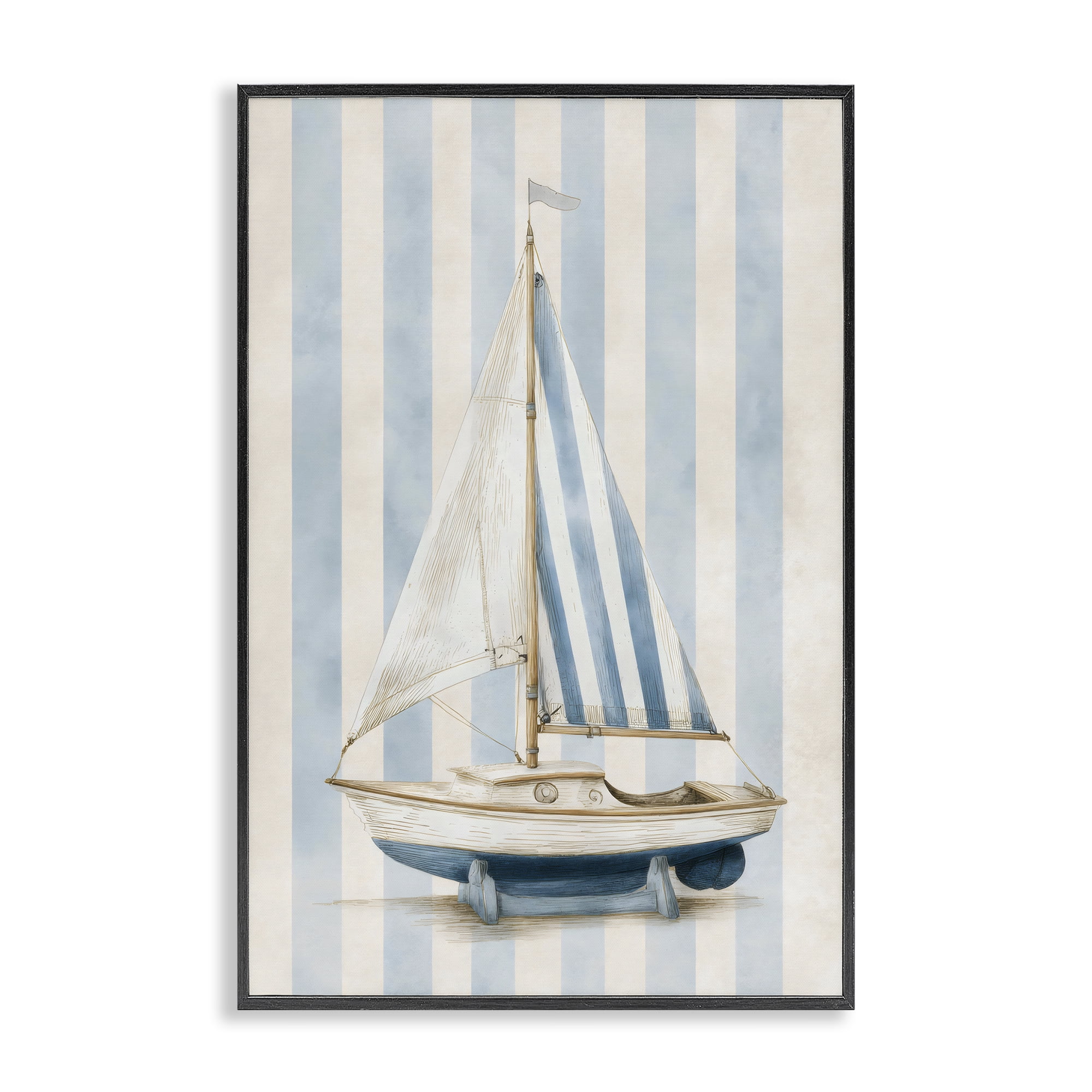 Stupell Industries Seaside Stripes Sailboat Black Framed Giclee Art, design by Petal Prints Design
