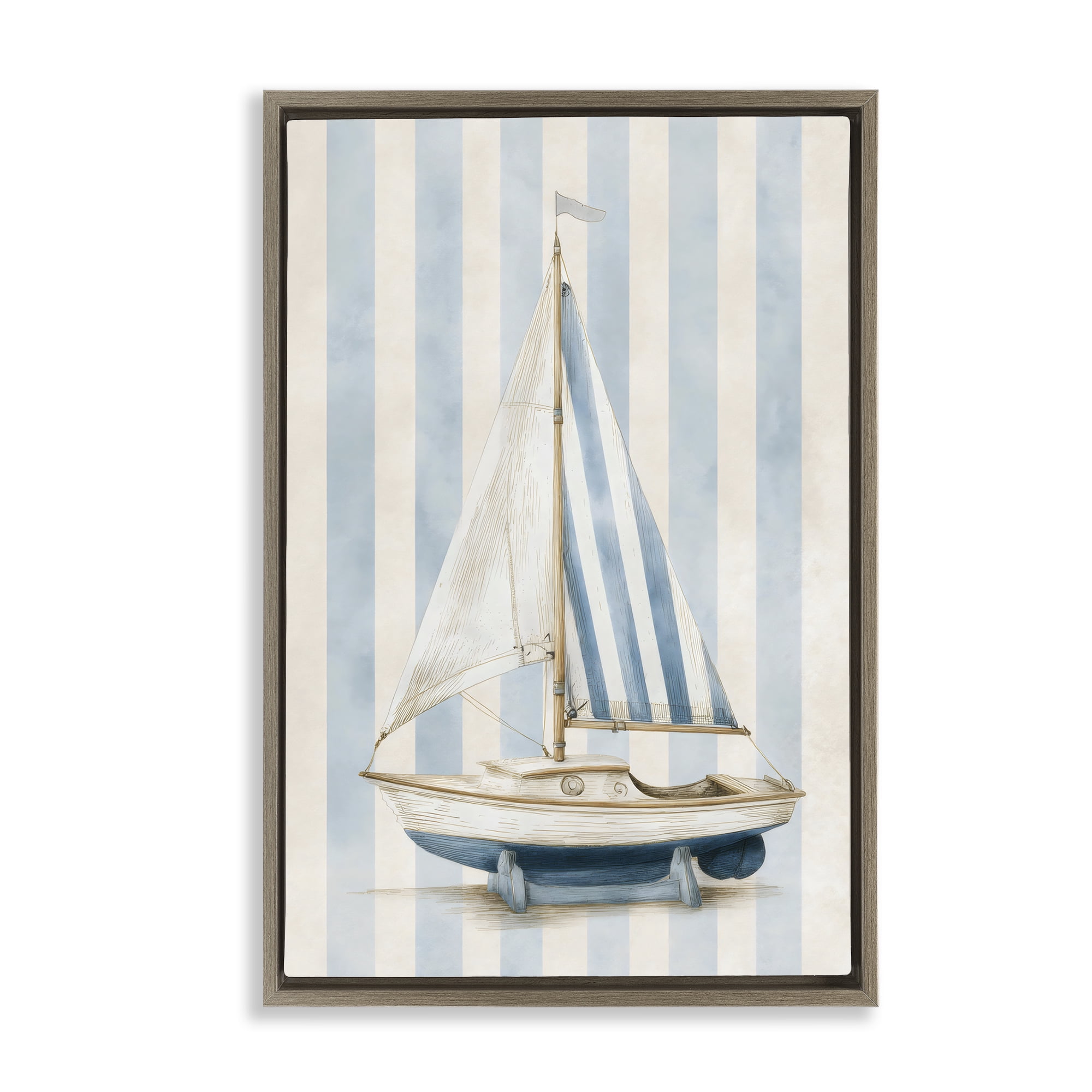 Stupell Industries Seaside Stripes Sailboat Brown Framed Floater Canvas Wall Art, design by Petal Prints Design