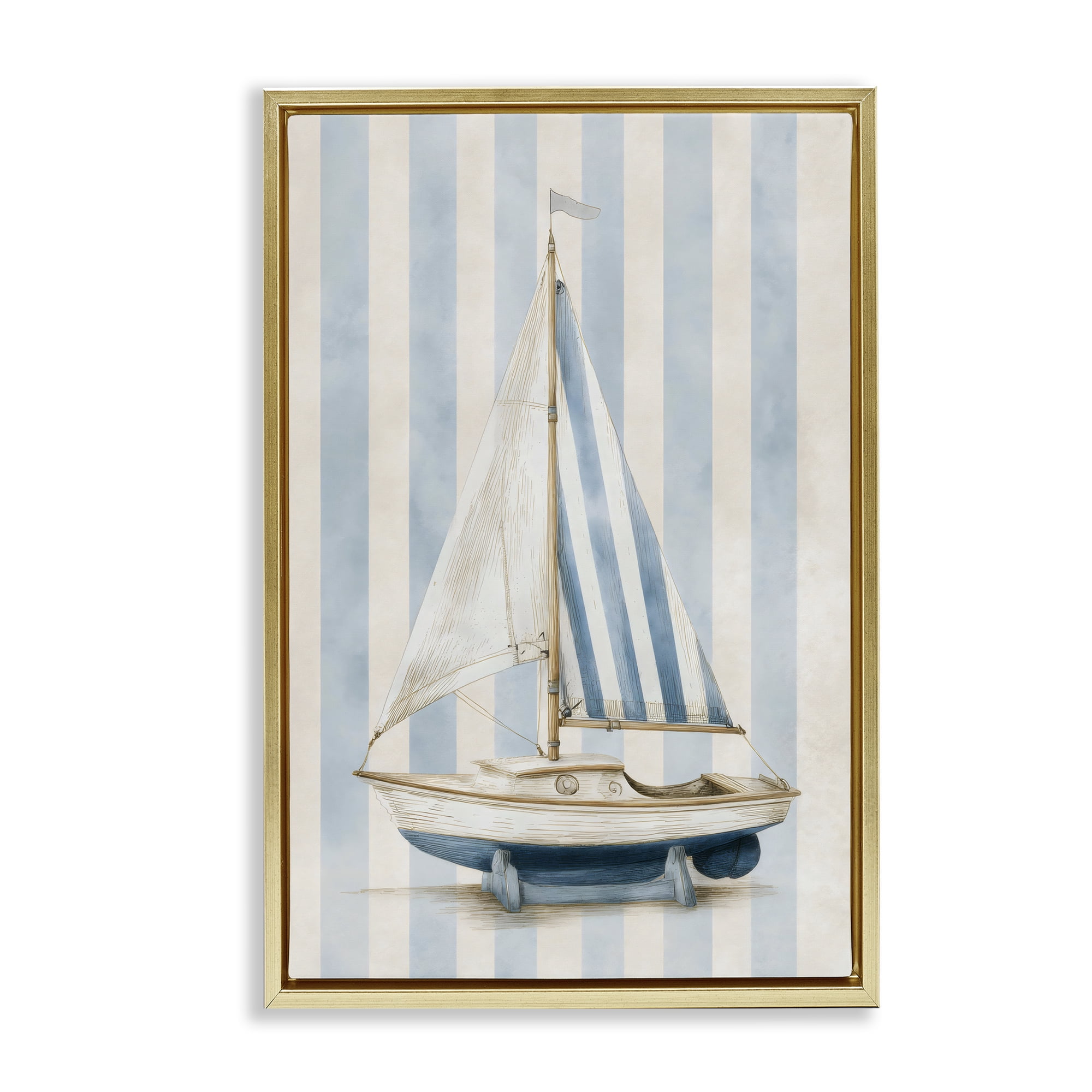 Stupell Industries Seaside Stripes Sailboat Gold Framed Floater Canvas Wall Art, design by Petal Prints Design