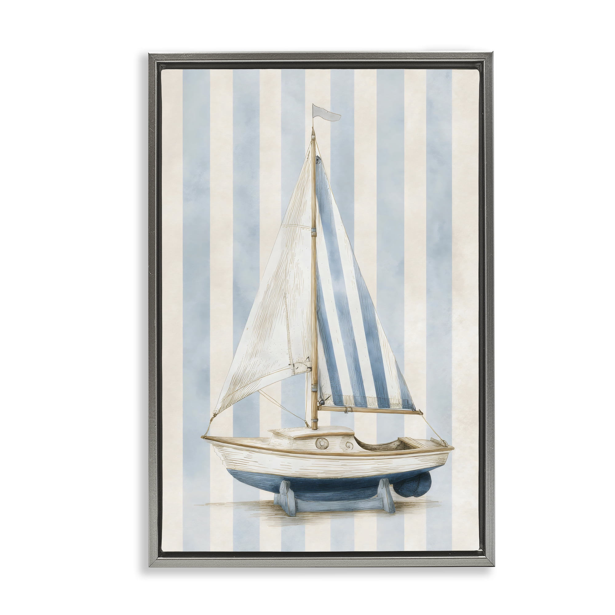 Stupell Industries Seaside Stripes Sailboat Gray Framed Floater Canvas Wall Art, design by Petal Prints Design