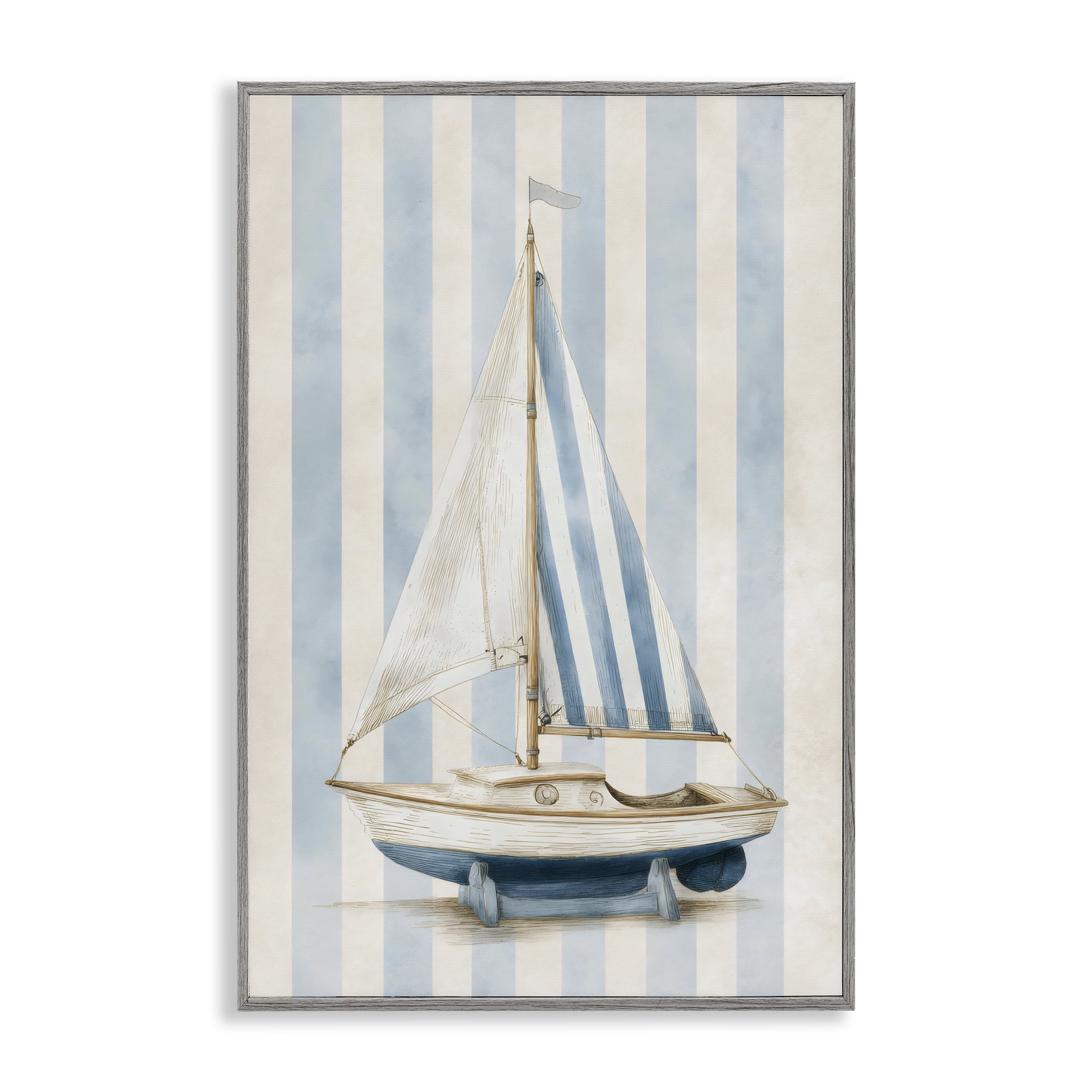 Stupell Industries Seaside Stripes Sailboat Gray Framed Giclee Art, design by Petal Prints Design