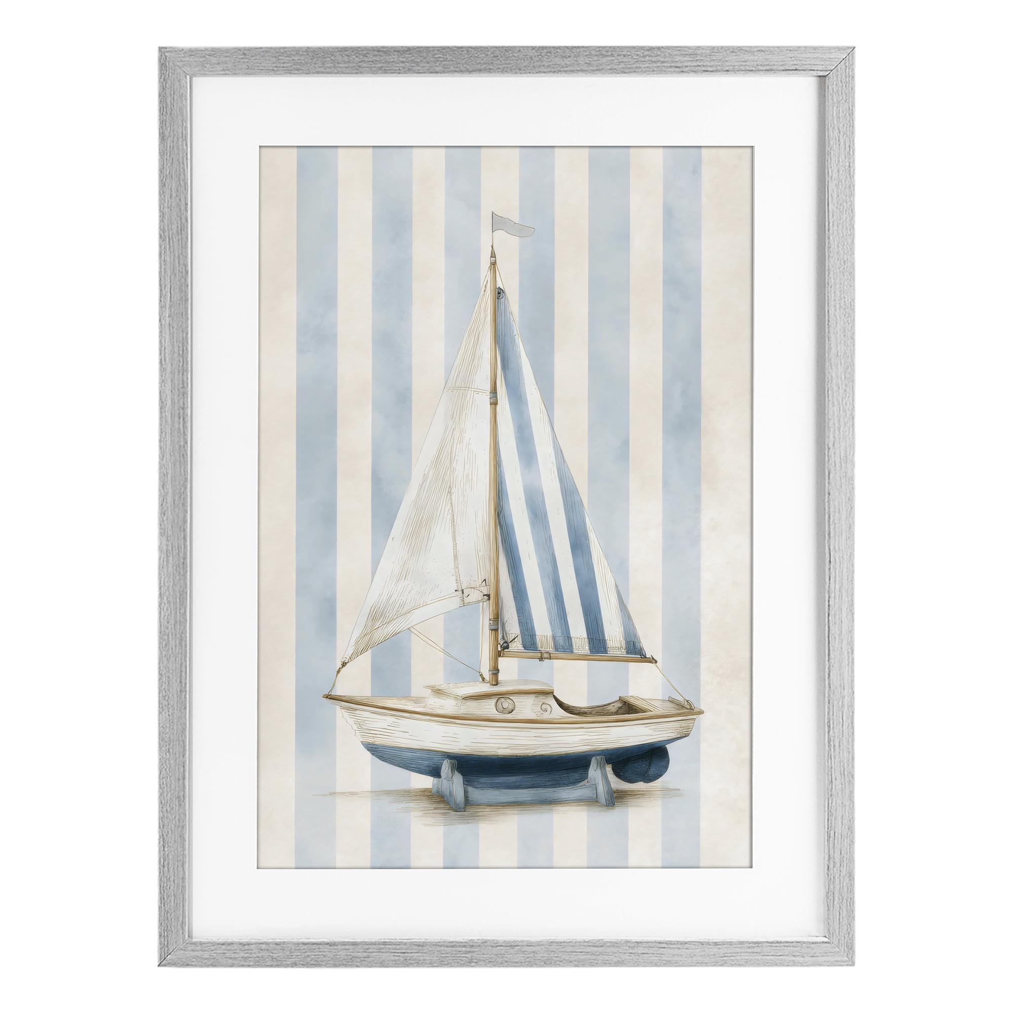 Stupell Industries Seaside Stripes Sailboat Gray Framed Print Under Glass, design by Petal Prints Design