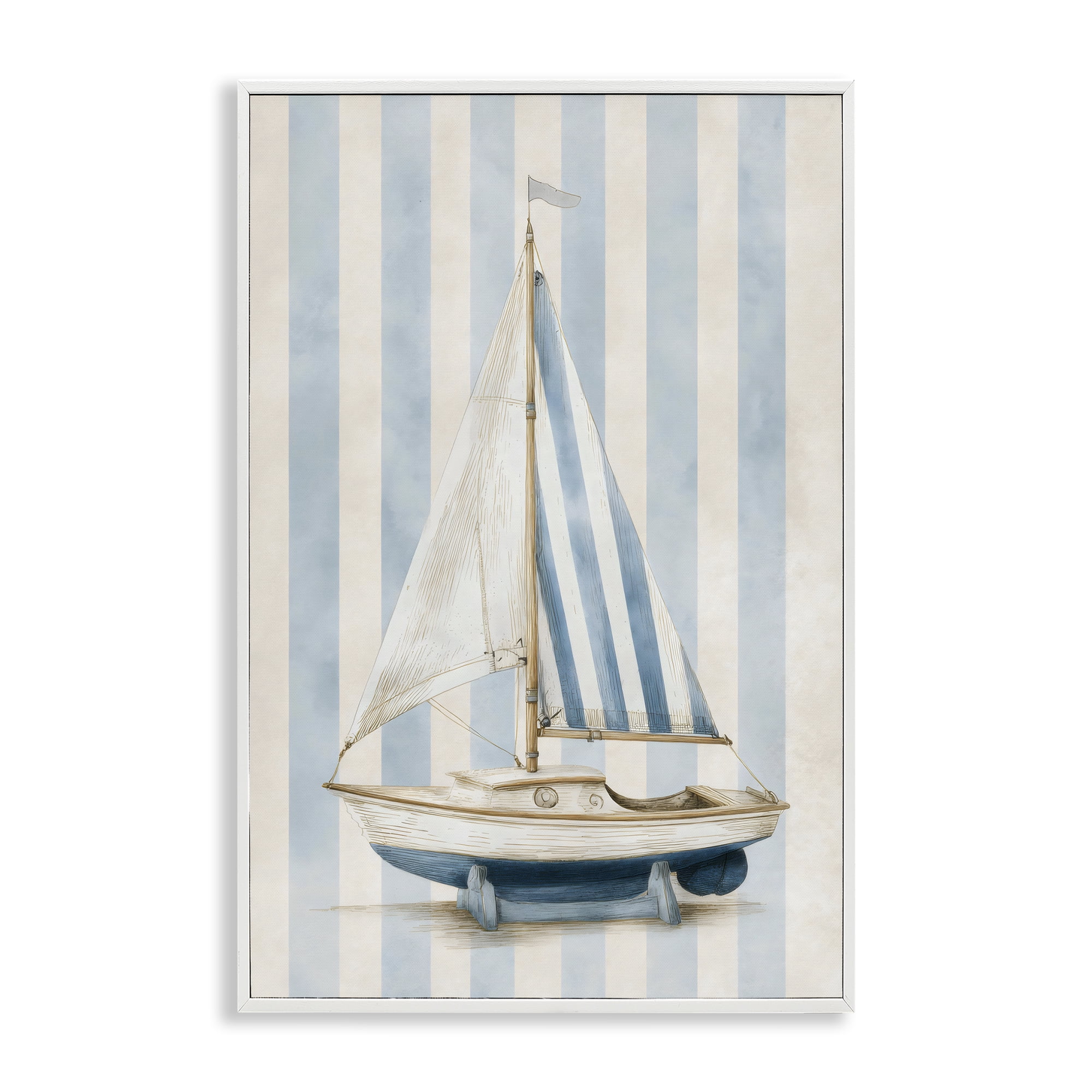 Stupell Industries Seaside Stripes Sailboat White Framed Giclee Art, design by Petal Prints Design