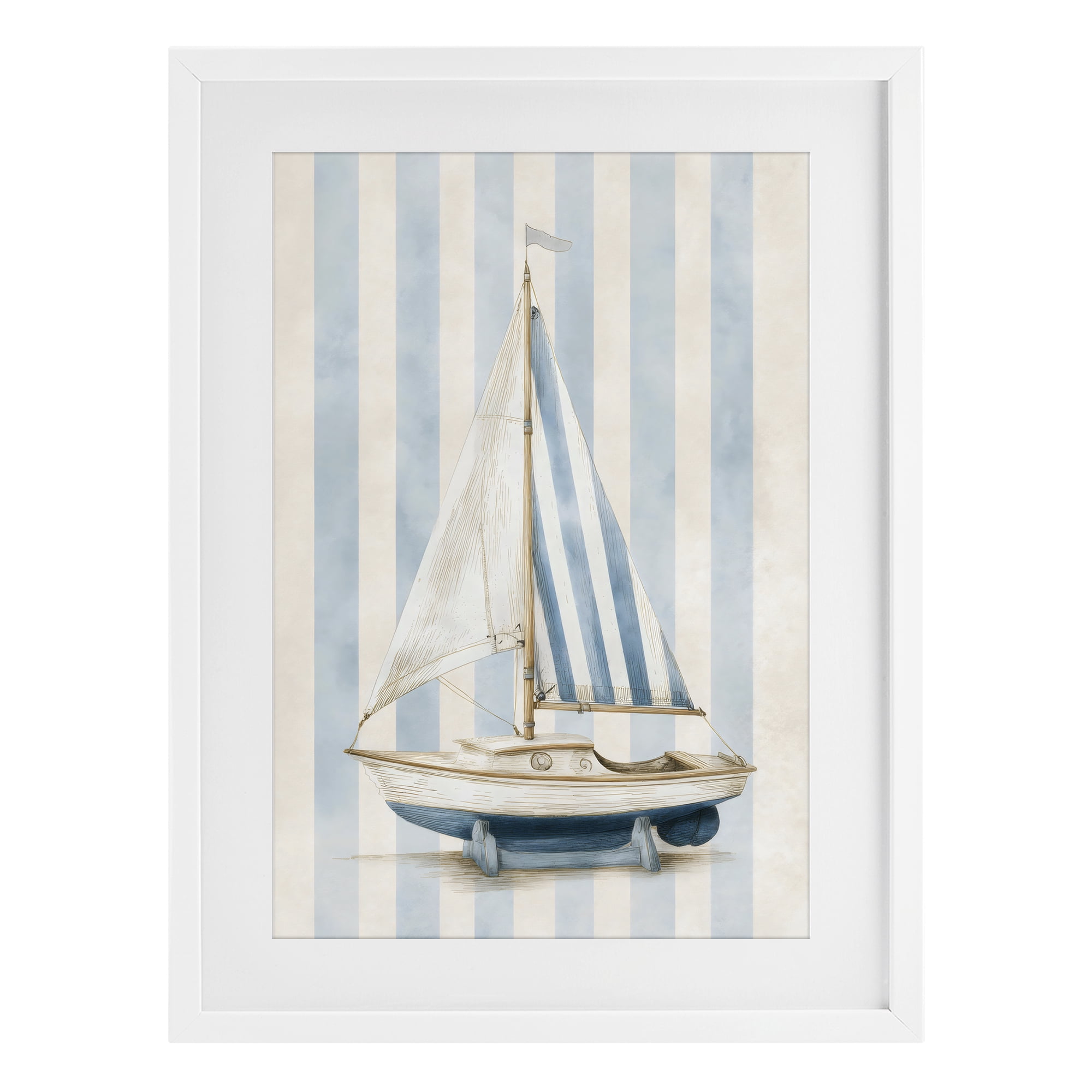 Stupell Industries Seaside Stripes Sailboat White Framed Print Under Glass, design by Petal Prints Design