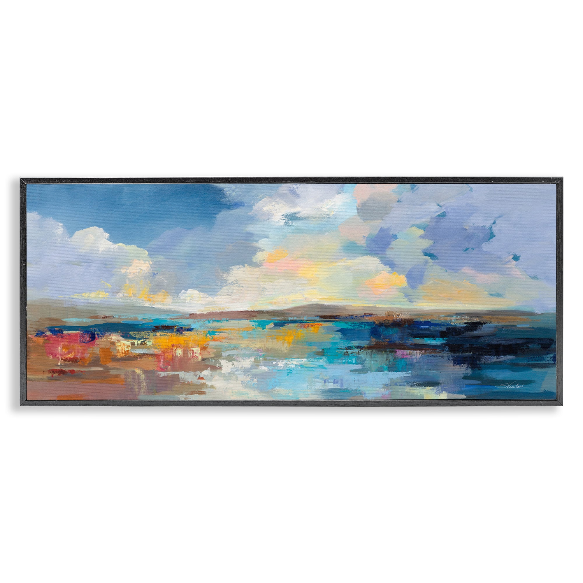 Stupell Industries Seaside Sunset Abstract Landscape Painting Black Framed Art Print Wall Art, 30 x 13
