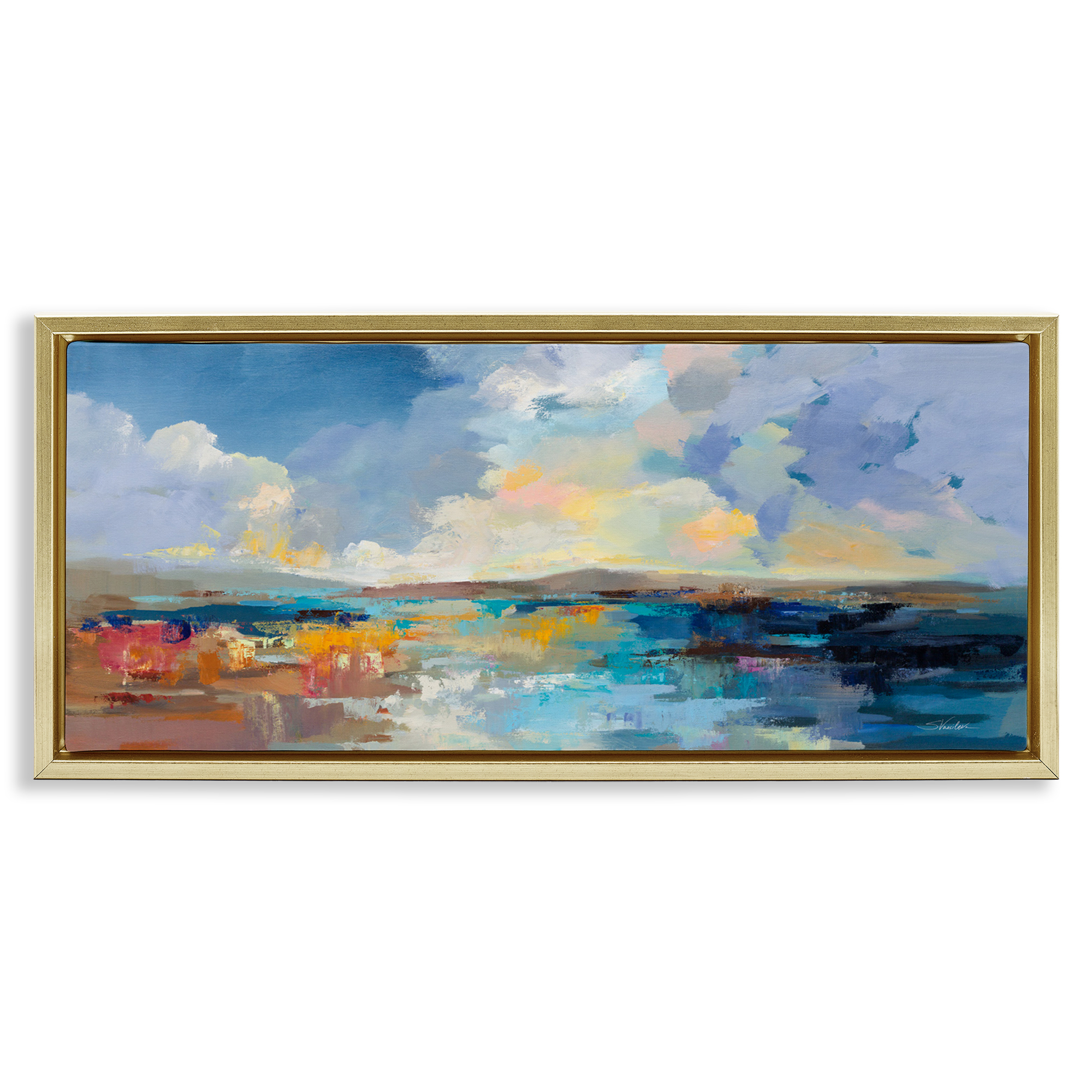 Stupell Industries Seaside Sunset Abstract Landscape Painting Gold Floater Framed Canvas Art Print Wall Art, 31 x 14