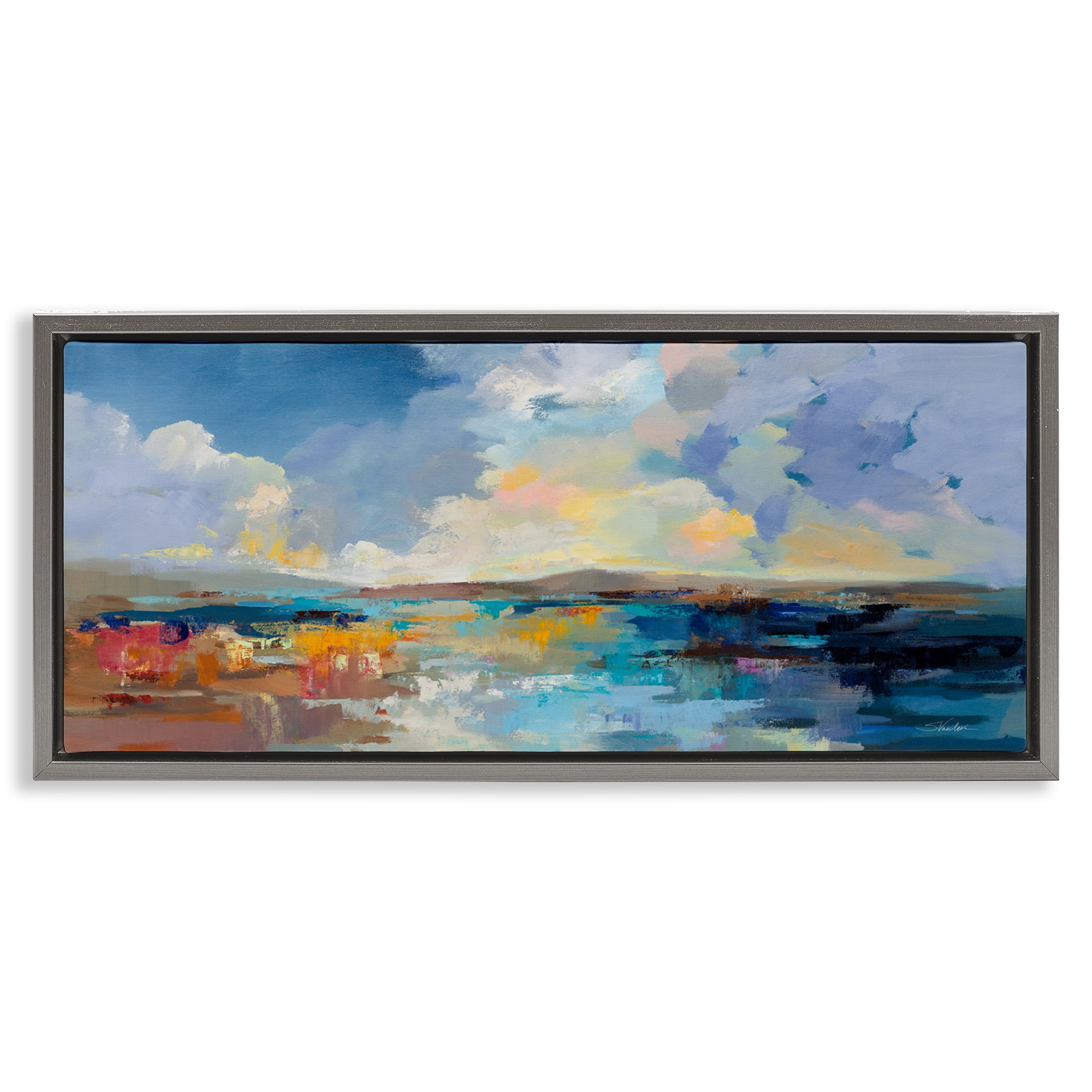 Stupell Industries Seaside Sunset Abstract Landscape Painting Gray Floater Framed Canvas Art Print Wall Art, 25 x 11