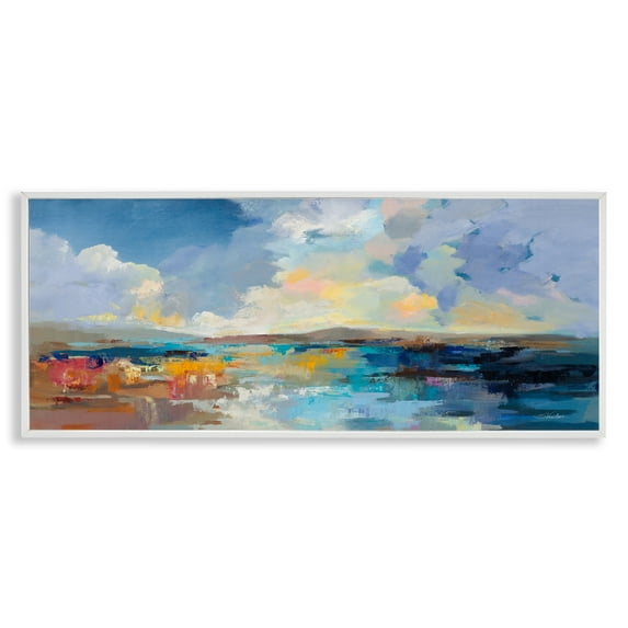 Stupell Industries Seaside Sunset Abstract Landscape Painting White Framed Art Print Wall Art, 30 x 13
