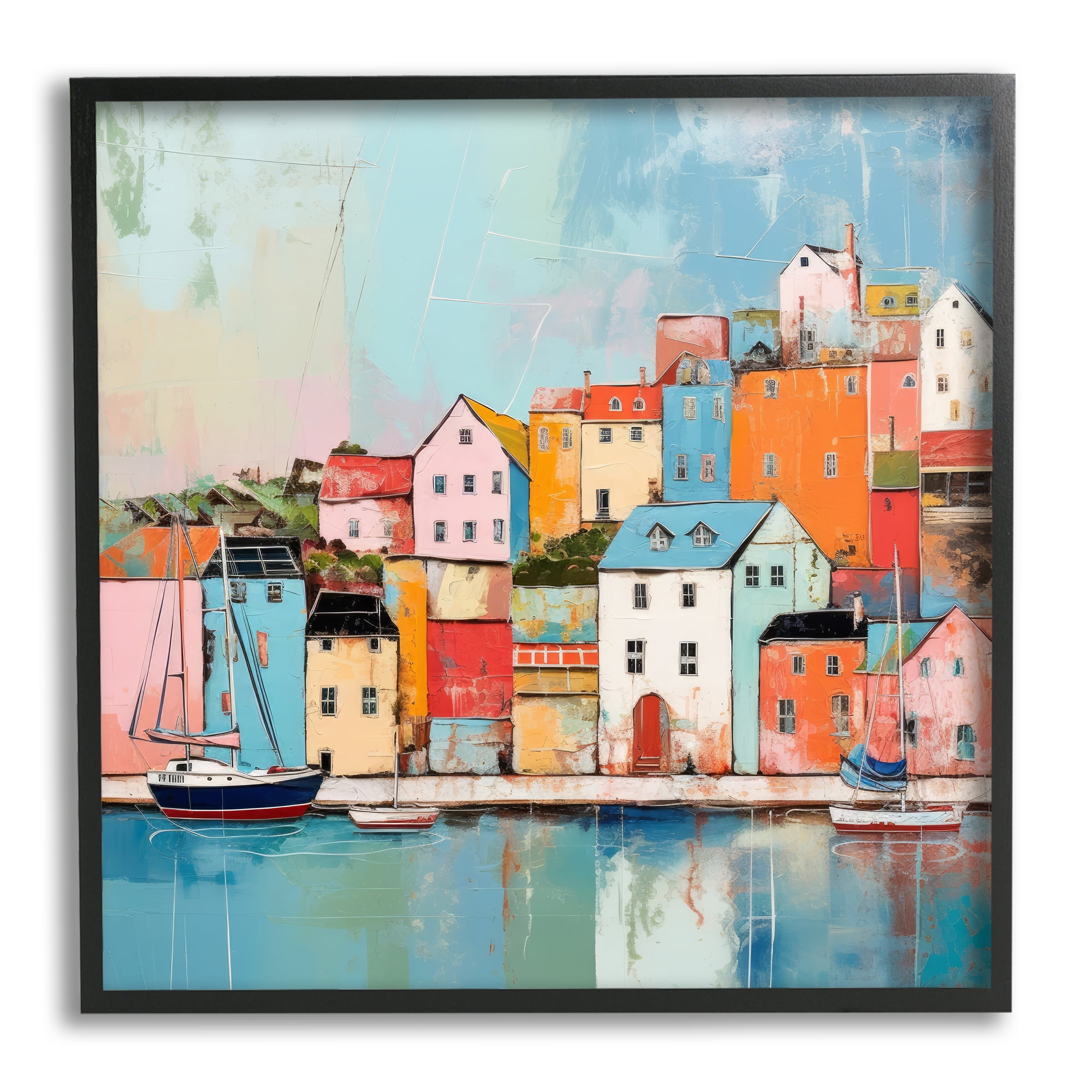 Stupell Industries Seaside Town Landscape Transportation Painting Black Framed Art Print Wall Art, 12 x 12