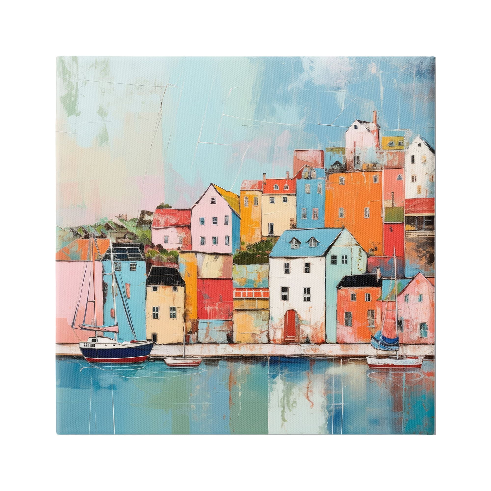 Stupell Industries Seaside Town Landscape Transportation Painting Gallery Wrapped Canvas Art Print Wall Art, 30 x 30