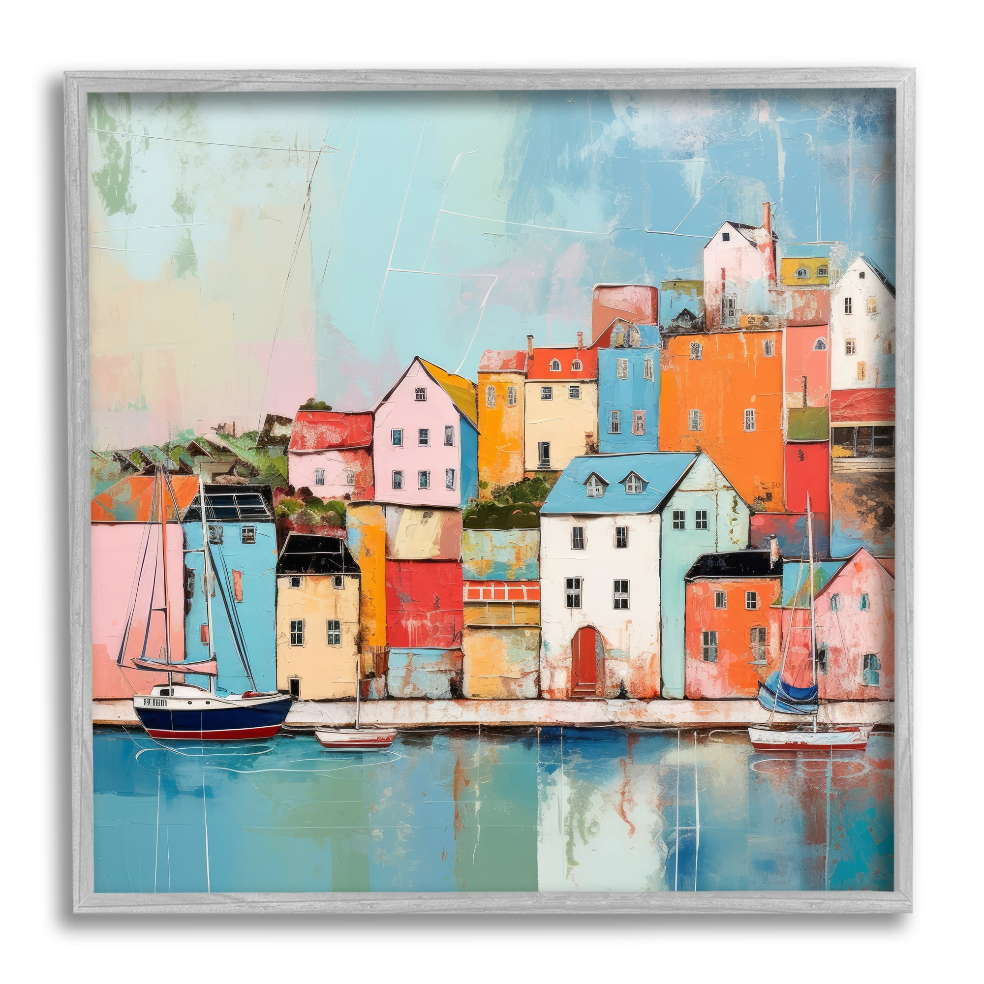 Stupell Industries Seaside Town Landscape Transportation Painting Gray Framed Art Print Wall Art, 12 x 12