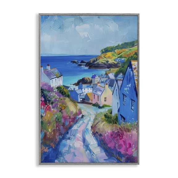 Stupell Industries Seaside Town Overlook Landscape & Nature Painting Gray Framed Art Print Wall Art, 12 x 18