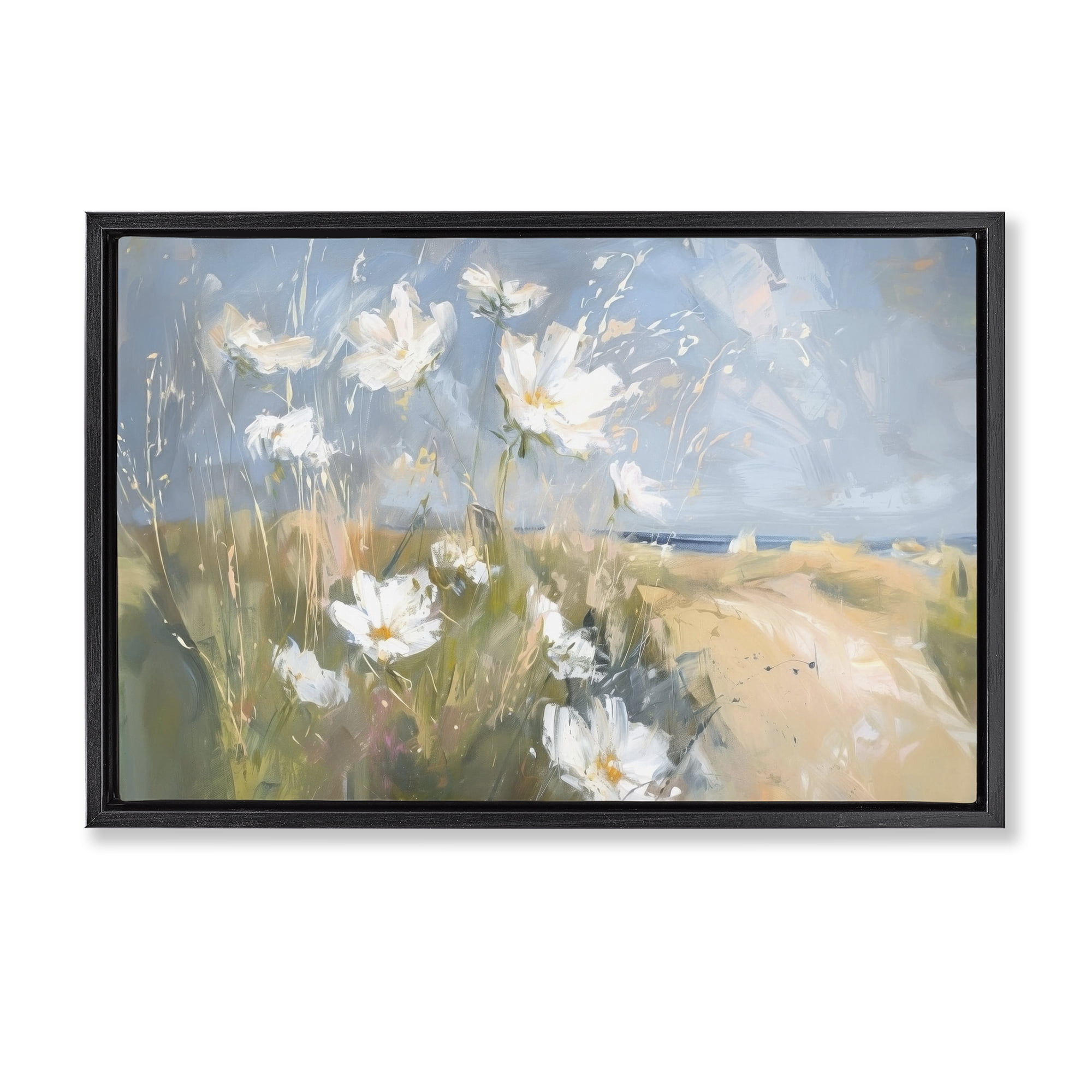 Stupell Industries Seaside Wildflowers Scenery Botanical & Floral Painting Black Floater Framed Canvas Art Print Wall Art, 31 x 21