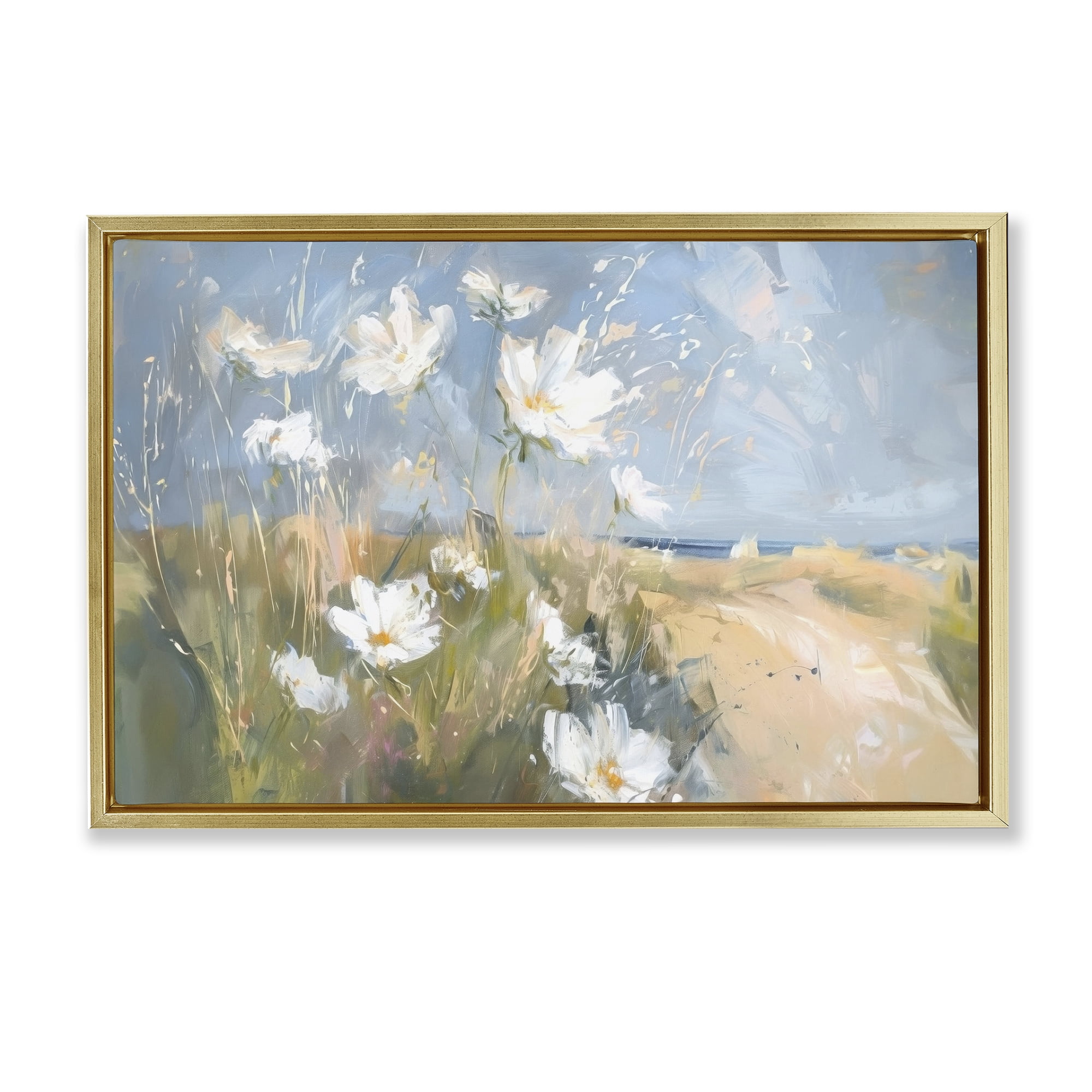 Stupell Industries Seaside Wildflowers Scenery Botanical & Floral Painting Gold Floater Framed Canvas Art Print Wall Art, 25 x 17
