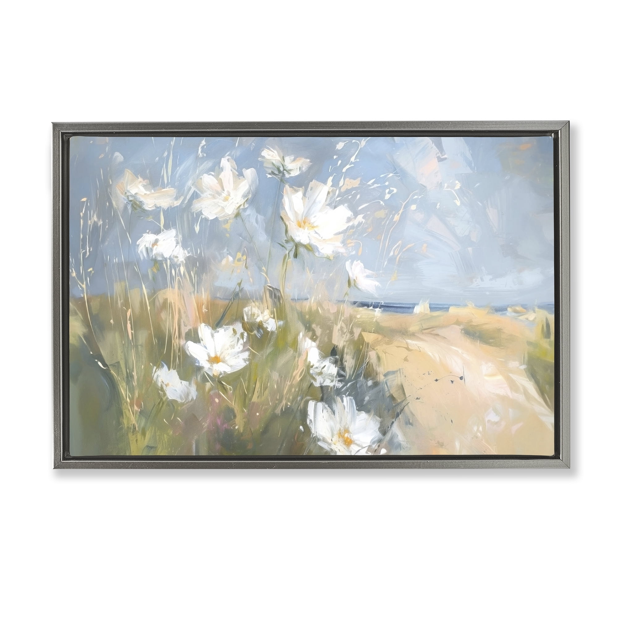 Stupell Industries Seaside Wildflowers Scenery Botanical & Floral Painting Gray Floater Framed Canvas Art Print Wall Art, 25 x 17