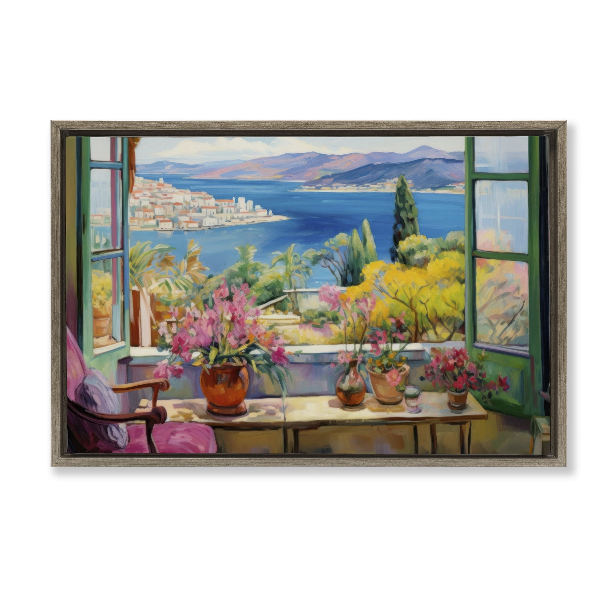 Stupell Industries Seaside Window View Landscape & Nature Painting Brown Floater Framed Canvas Art Print Wall Art, 25 x 17