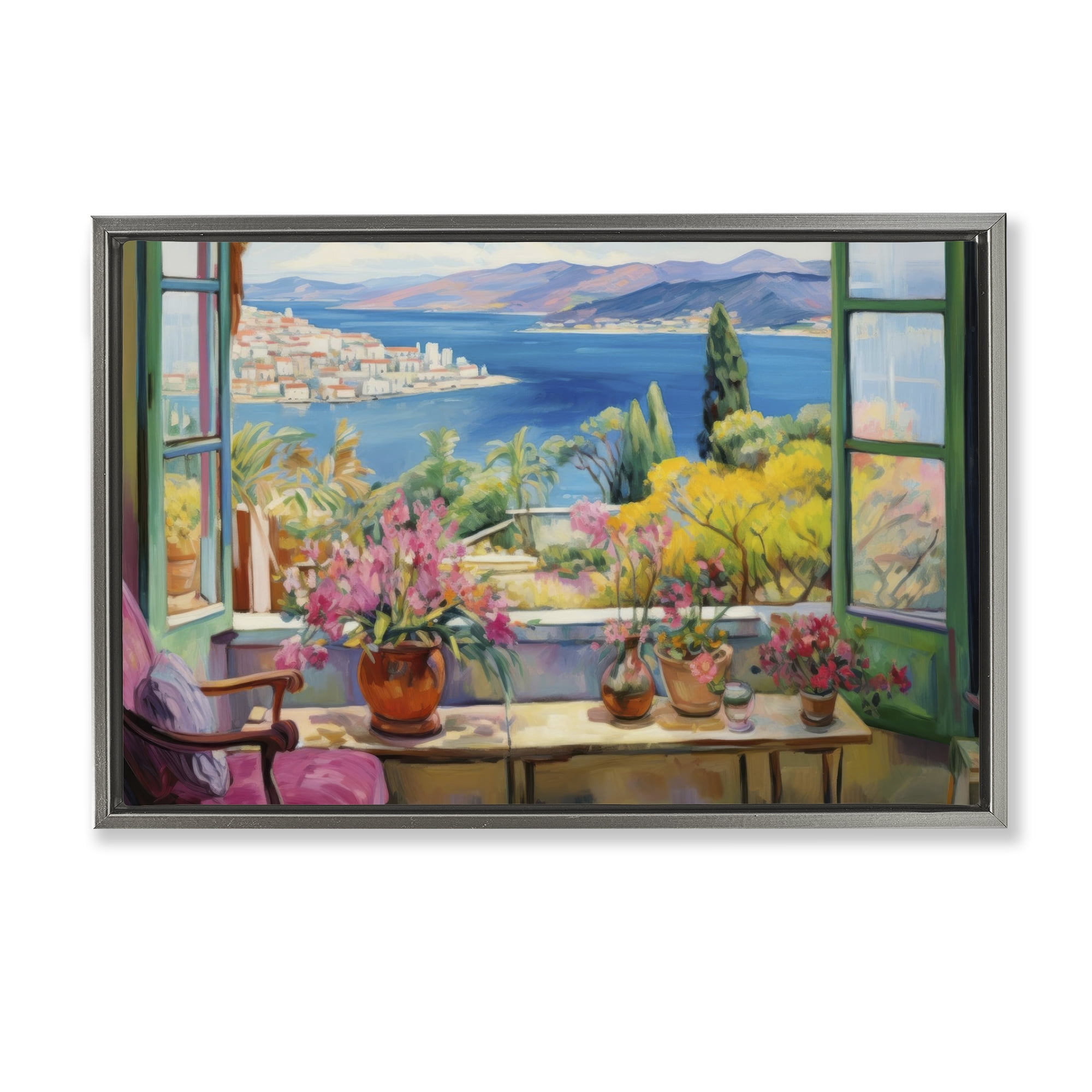 Stupell Industries Seaside Window View Landscape & Nature Painting Gray Floater Framed Canvas Art Print Wall Art, 31 x 21