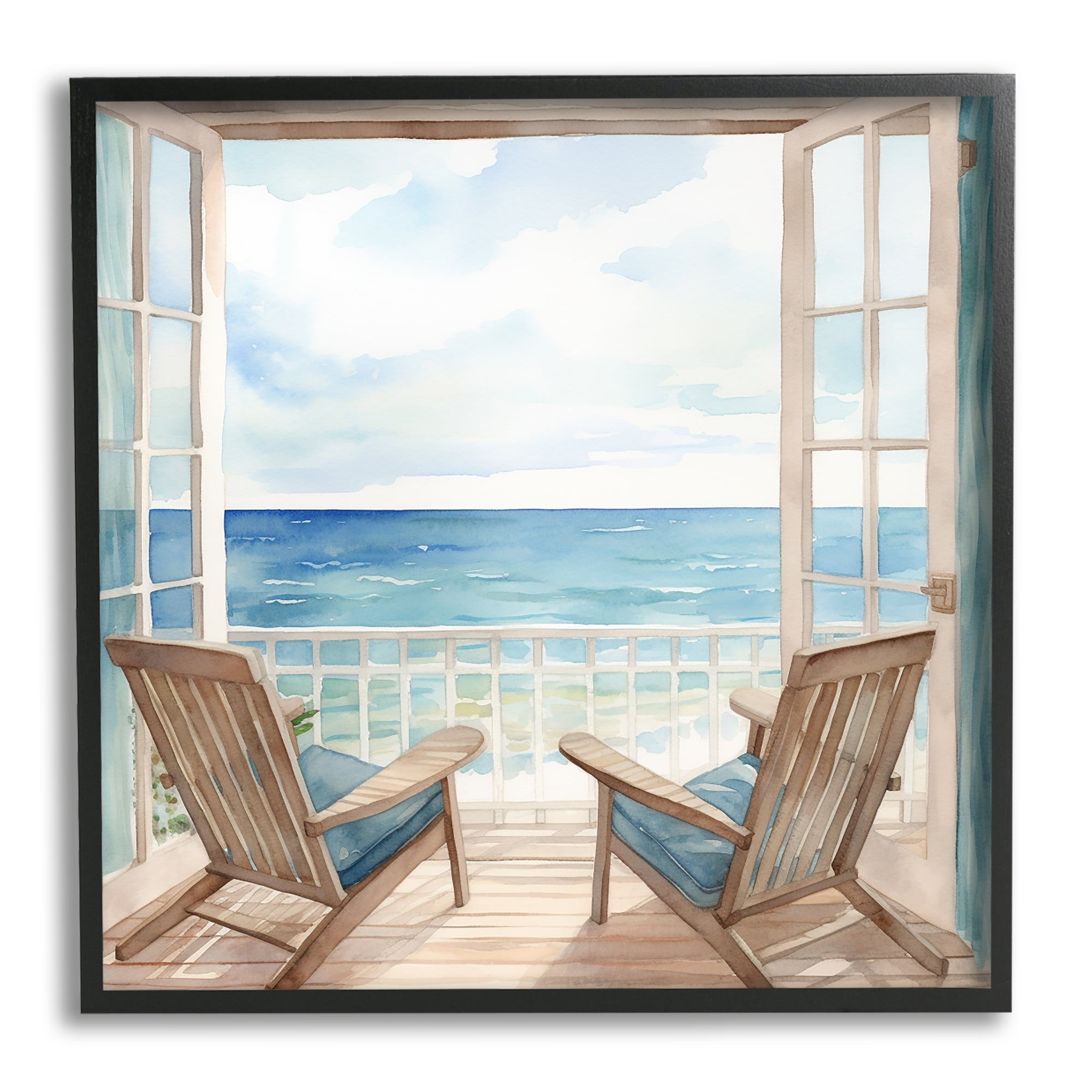 Seaside Window View Landscape Print on Canvas with Black Frame