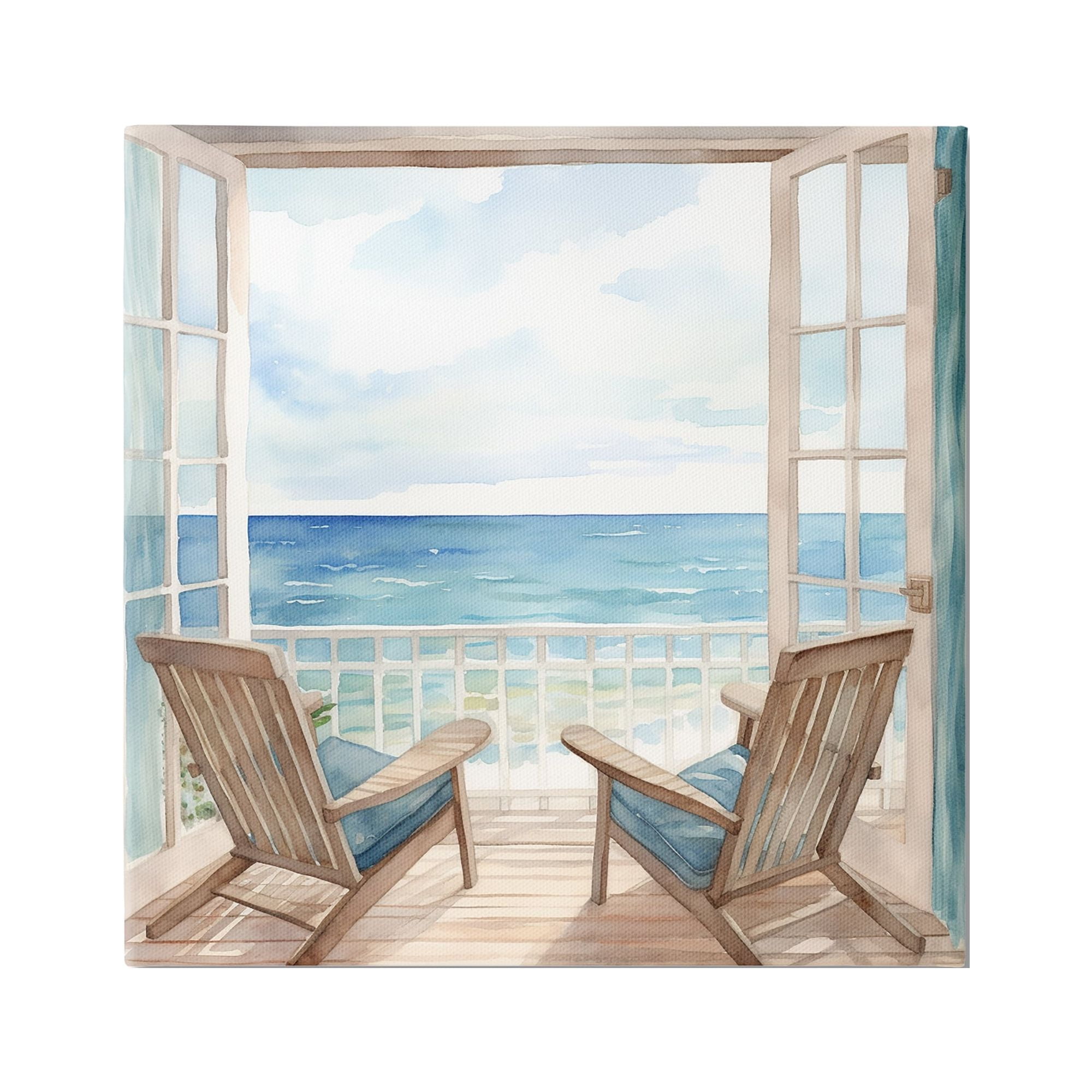 Stupell Industries Seaside Window View Landscape Painting Gallery Wrapped Canvas Art Print Wall Art, 24 x 24