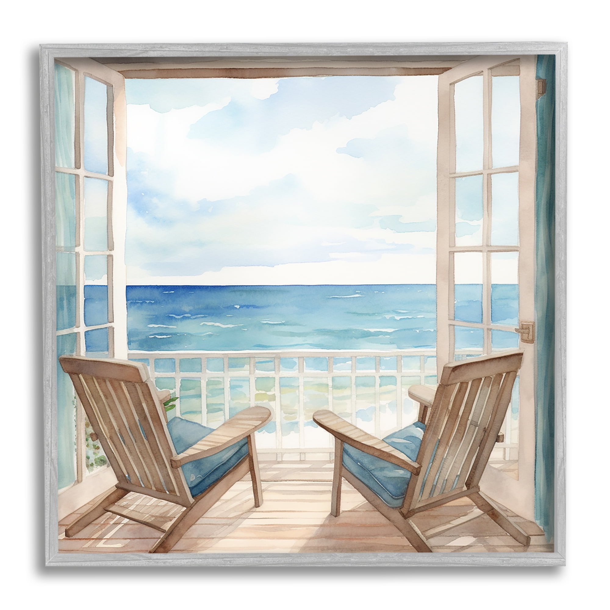 Stupell Industries Seaside Window View Landscape Painting Gray Framed Art Print Wall Art, 17 x 17
