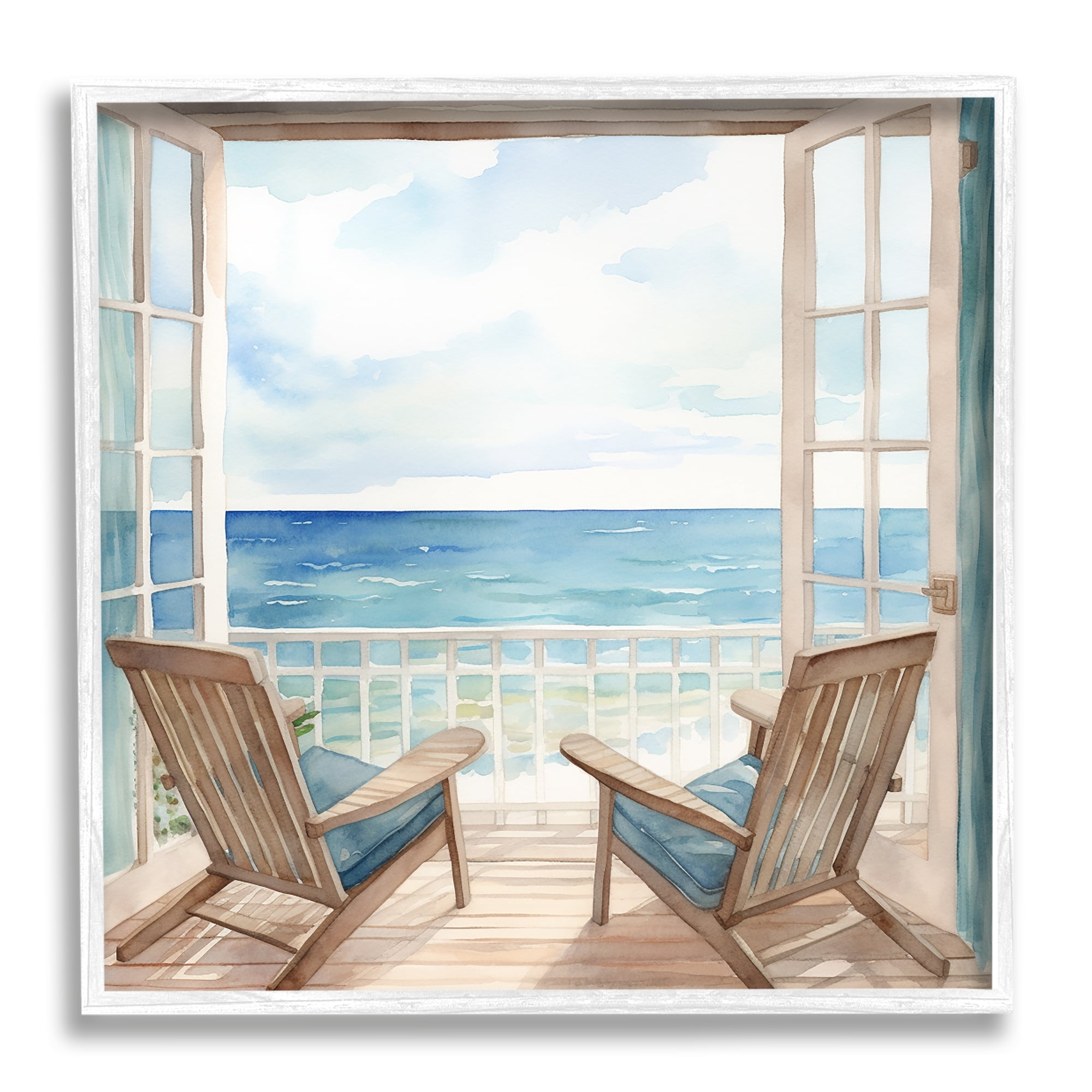 Stupell Industries Seaside Window View Landscape Painting White Framed Art Print Wall Art, 17 x 17