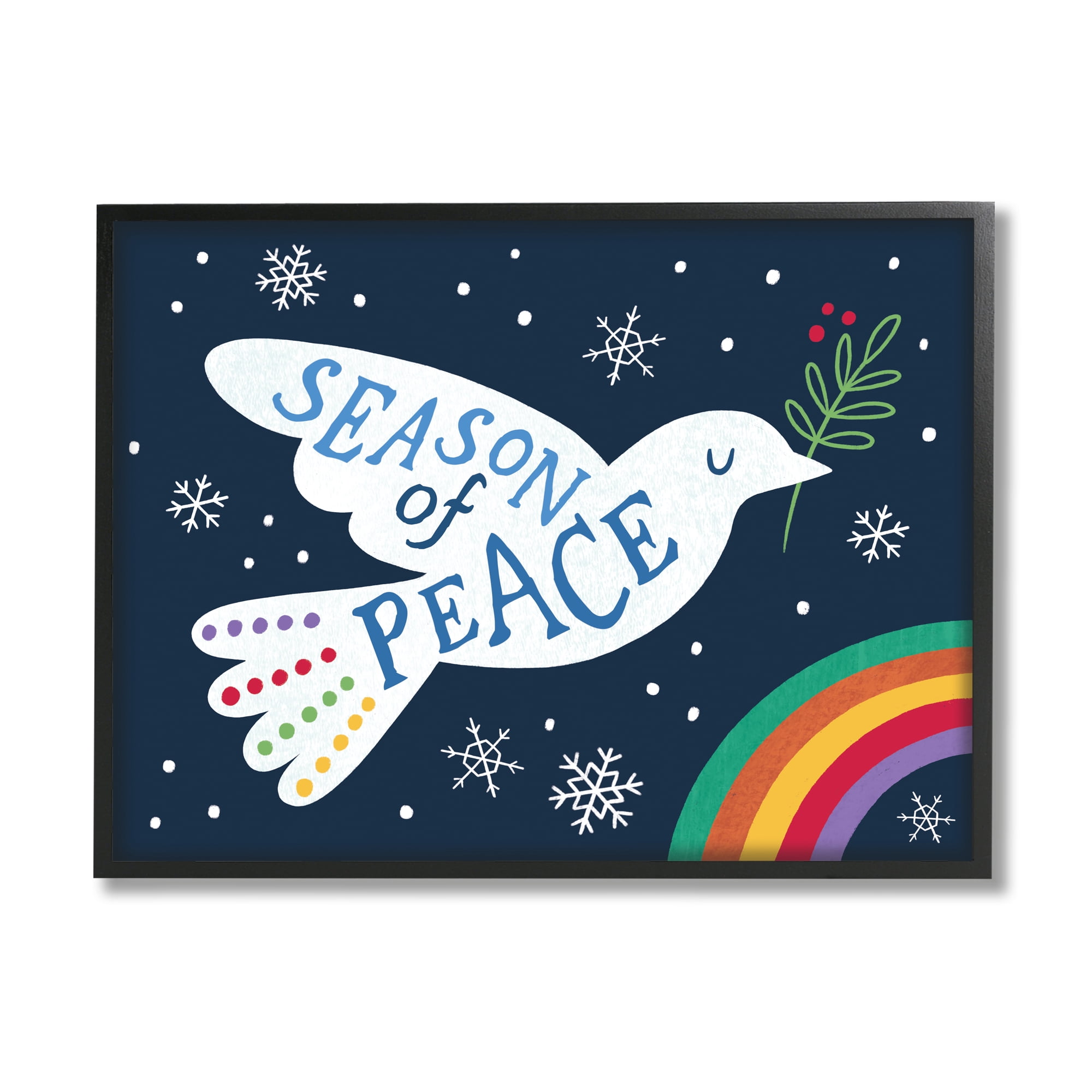Stupell Industries Season of Peace Phrase White Dove over Rainbow Animals & Insects Painting Black Framed Art Print Wall Art, 11 x 14