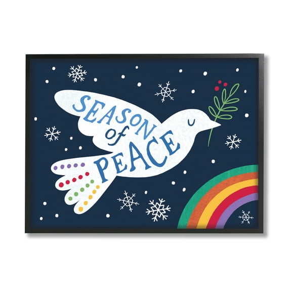 Stupell Industries Season of Peace Phrase White Dove over Rainbow Animals & Insects Painting Black Framed Art Print Wall Art, 16 x 20