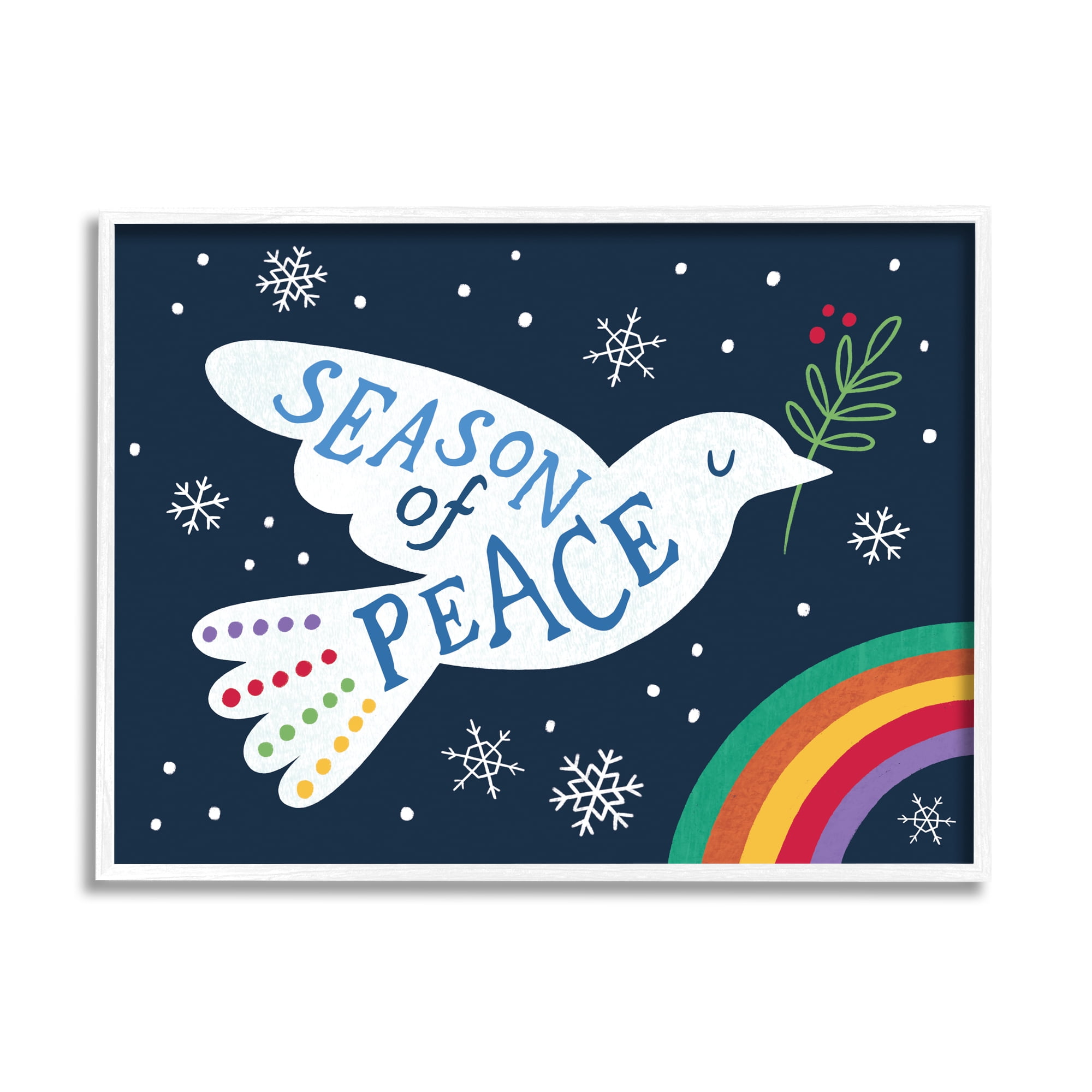 Stupell Industries Season of Peace Phrase White Dove over Rainbow Animals & Insects Painting White Framed Art Print Wall Art, 16 x 20