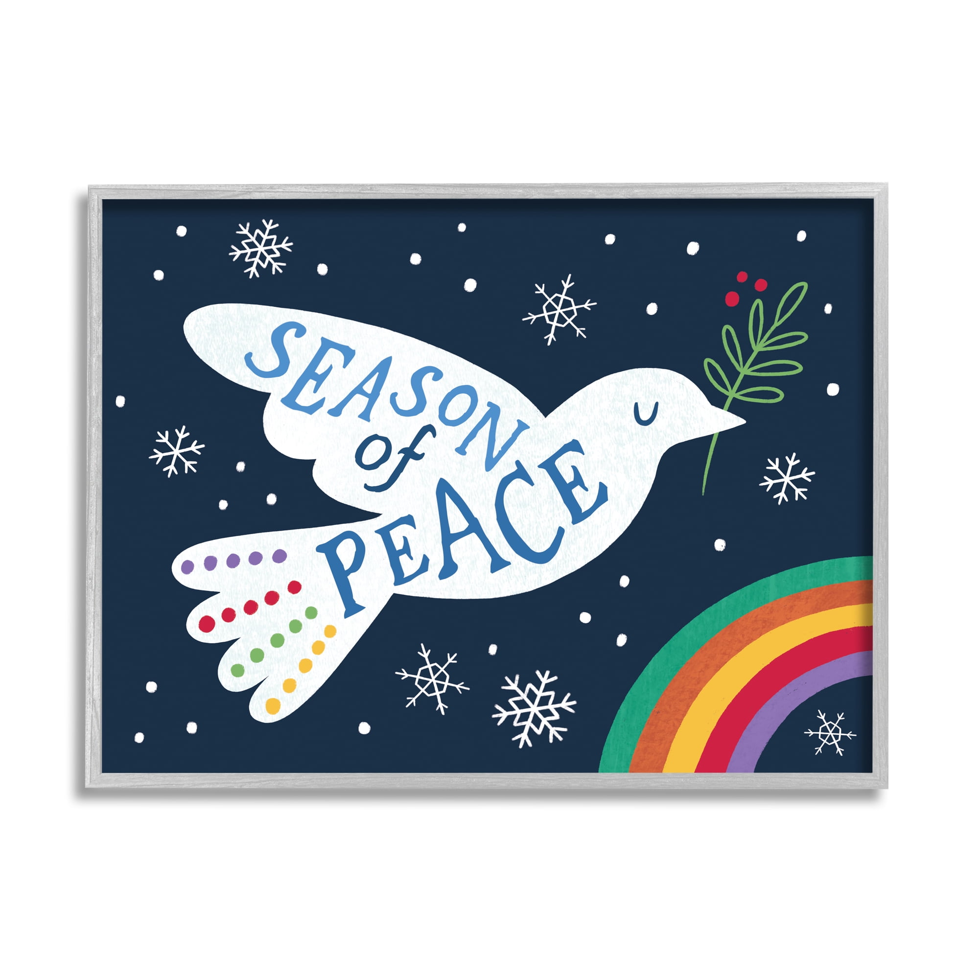 Stupell Industries Season of Peace Phrase White Dove over Rainbow Modern Painting Gray framed Art Print Wall Art, 11 x 14, Design by Nina Seven