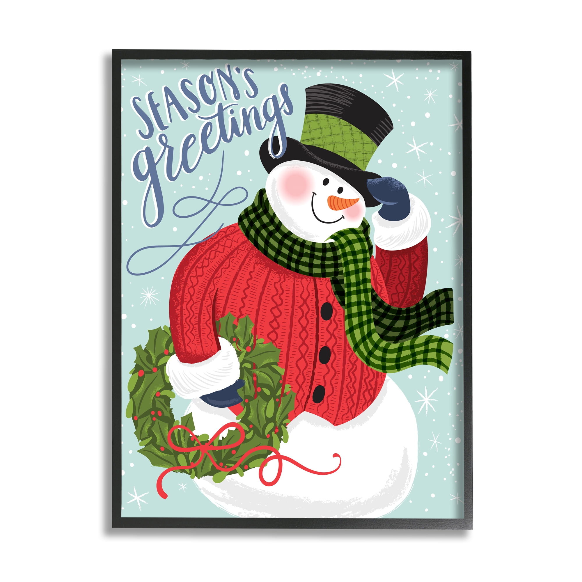 Stupell Industries Season's Greetings Expression Festive Winter Holiday Snowman Botanical & Floral Painting Black Framed Art Print Wall Art, 16 x 20