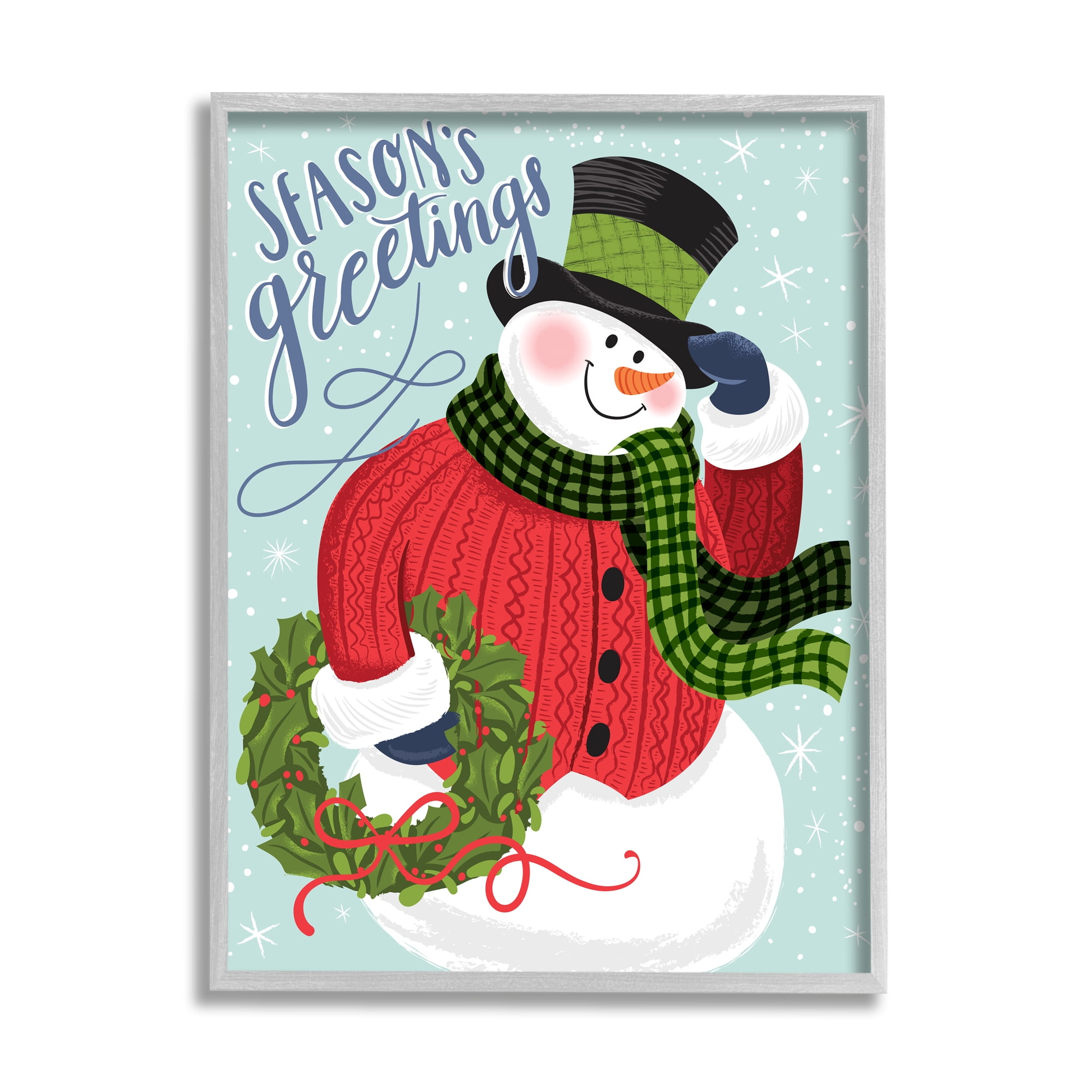 Stupell Industries Season's Greetings Expression Festive Winter Holiday Snowman Botanical & Floral Painting Gray Framed Art Print Wall Art, 11 x 14