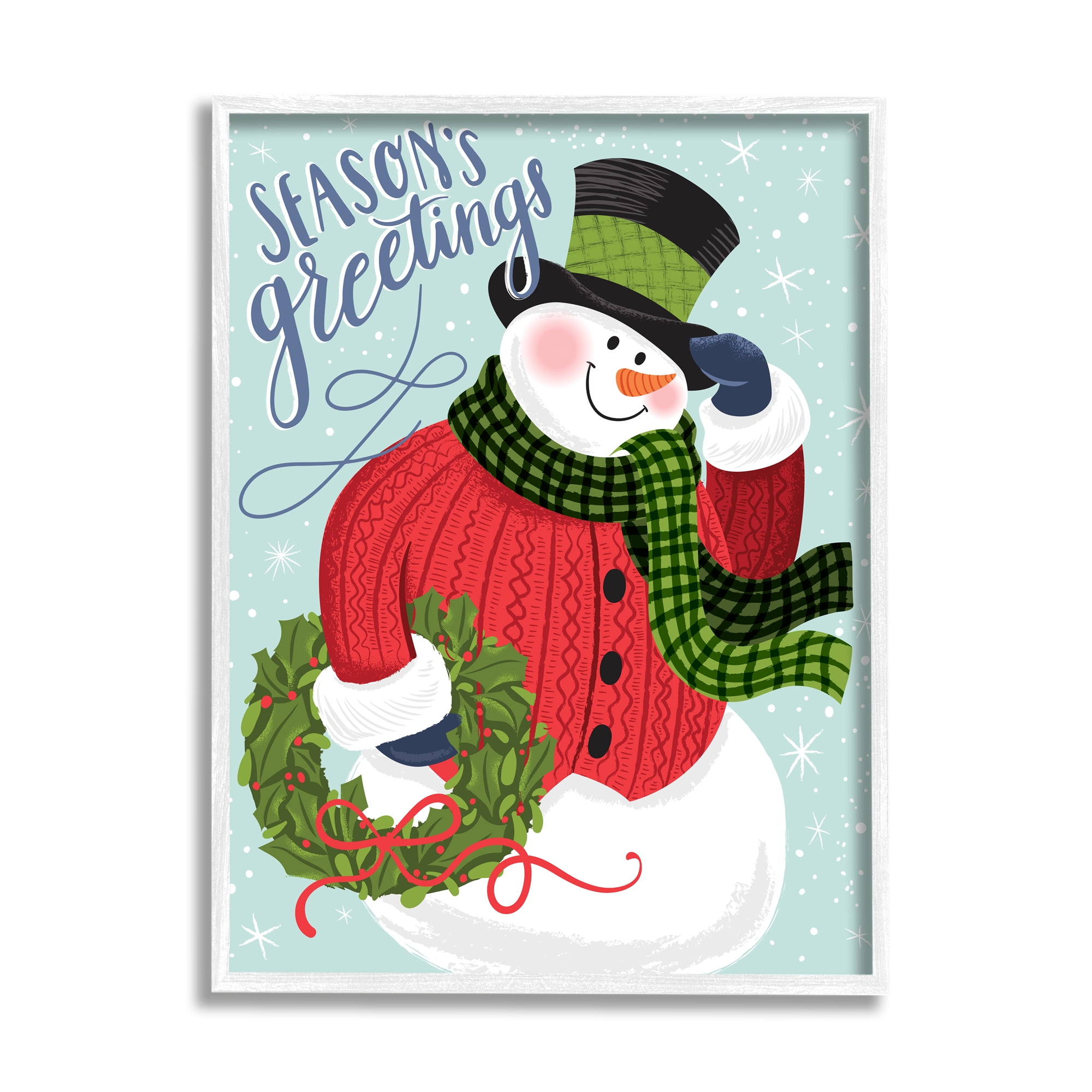 Stupell Industries Season's Greetings Expression Festive Winter Holiday Snowman Botanical & Floral Painting White Framed Art Print Wall Art, 11 x 14