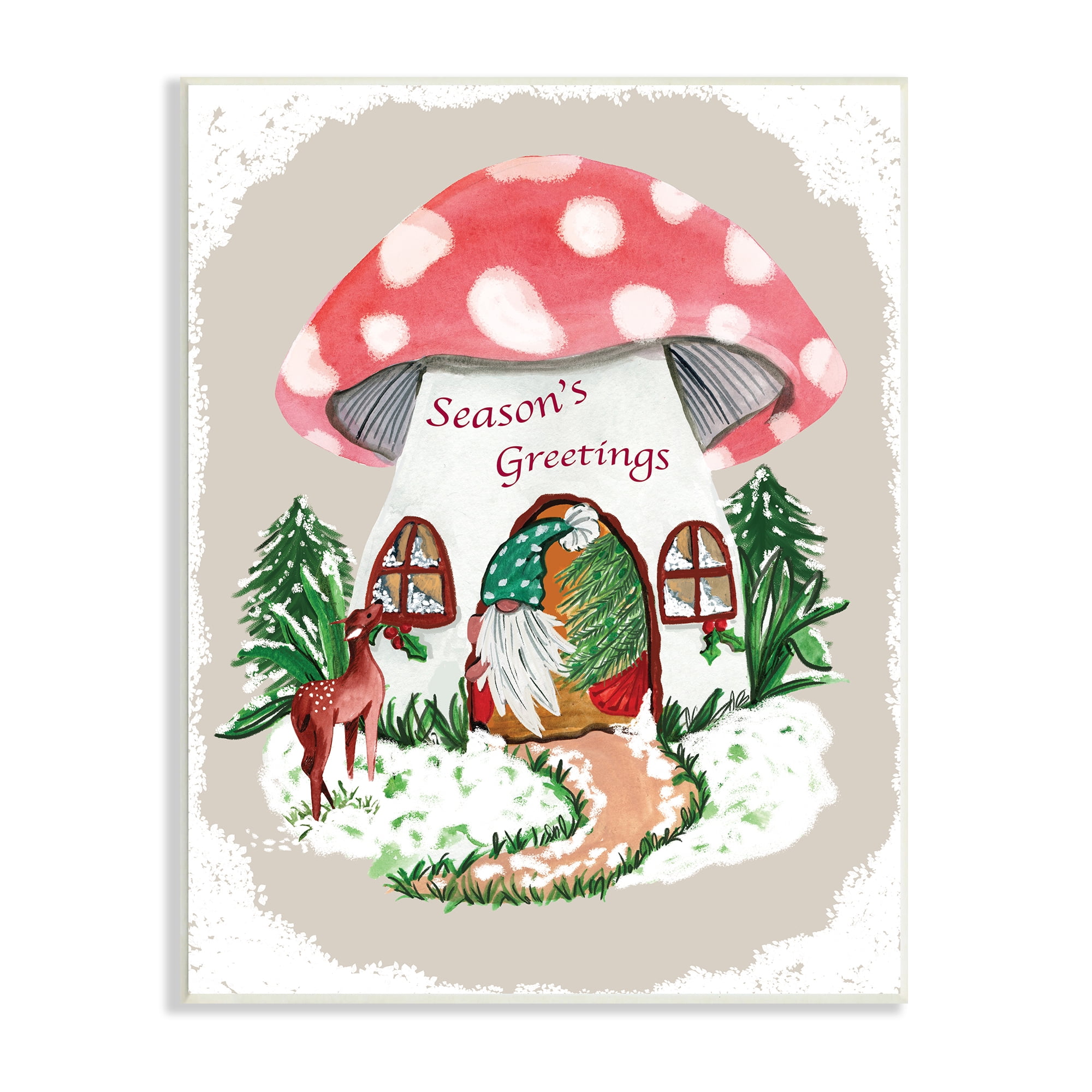 Stupell Industries Season's Greetings Gnome Forest Mushroom House Garden Creature, 13 x 19, Design by Kate Eldridge