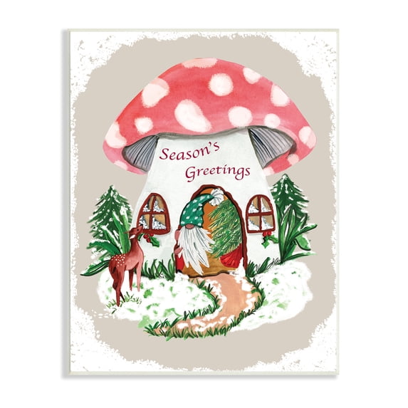 Stupell Industries Season's Greetings Gnome Forest Mushroom House Garden Creature, 13 x 19, Design by Kate Eldridge