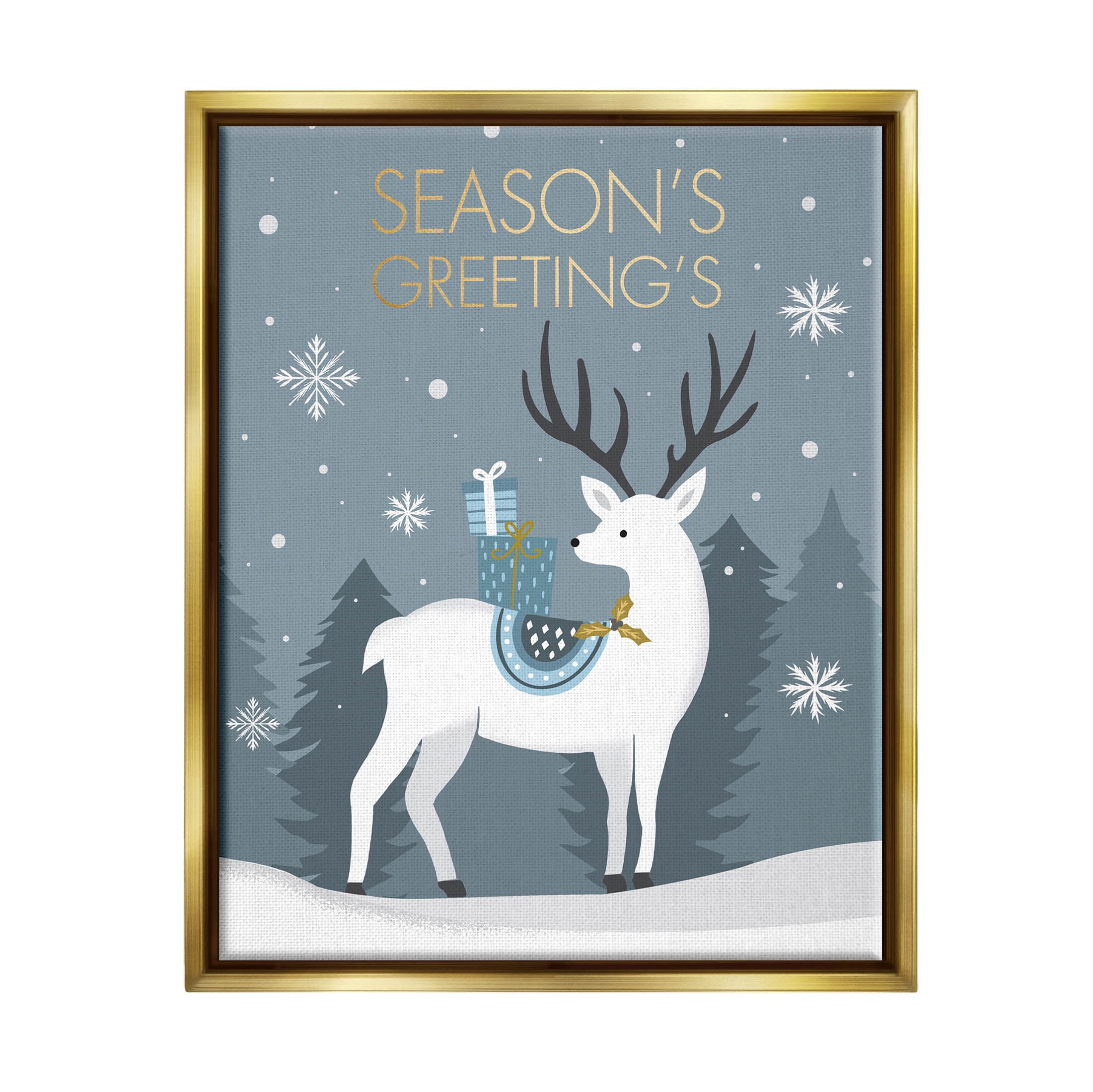 Stupell Industries Season's Greetings Holiday Reindeer Graphic Art Metallic Gold Floating Framed Canvas Print Wall Art, Design by Louise Allen Designs