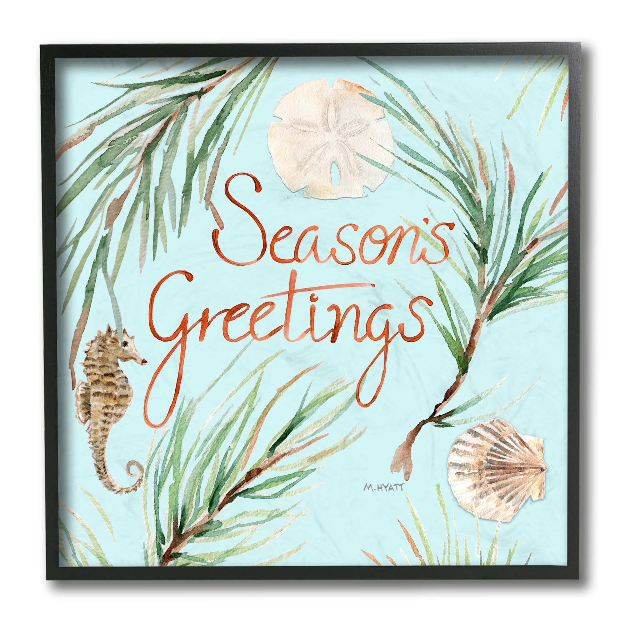 Stupell Industries Season's Greetings Nautical Beach Christmas Seahorse Black Framed Design by Melissa Hyatt LLC