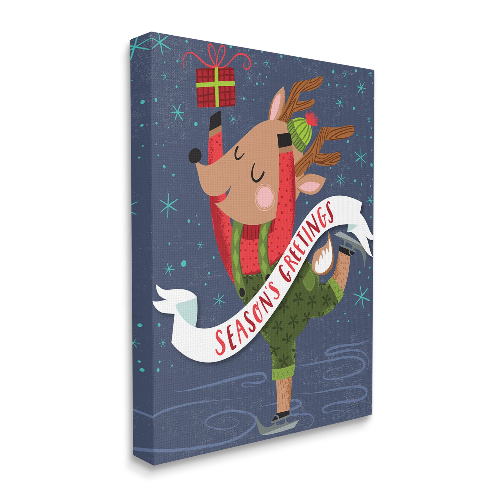 Stupell Industries Season's Greetings Phrase Dancing Reindeer Ice Skater Animals & Insects Painting Gallery Wrapped Canvas Print Wall Art, 24 x 30