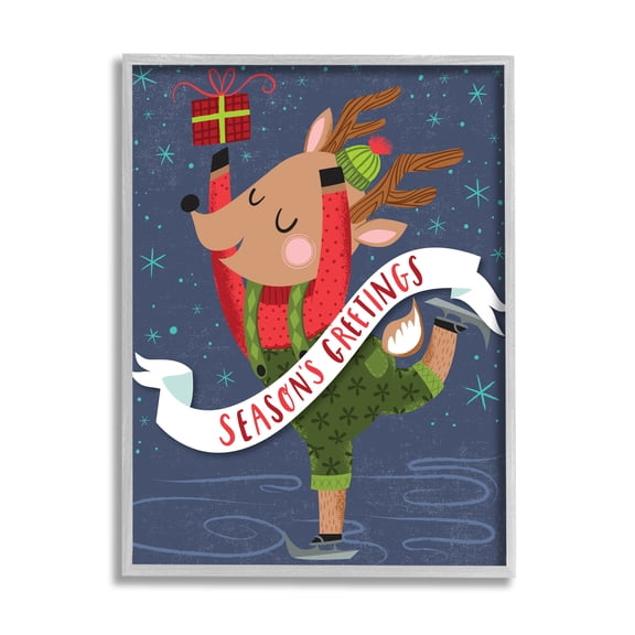 Stupell Industries Season's Greetings Phrase Dancing Reindeer Ice Skater Animals & Insects Painting Gray Framed Art Print Wall Art, 24 x 30