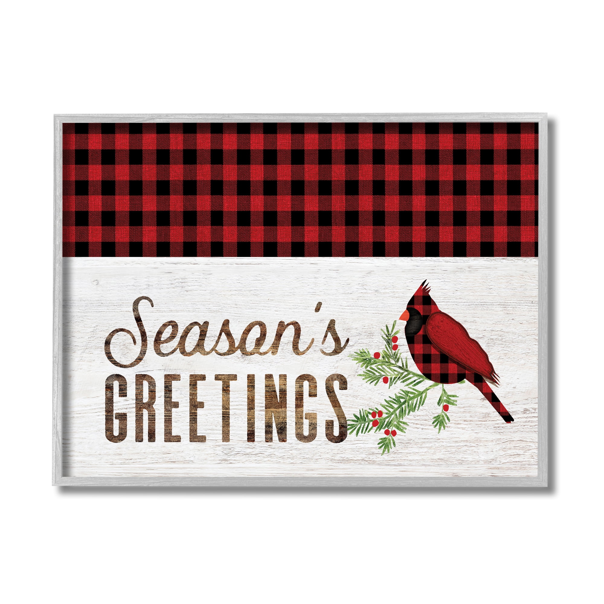 Stupell Industries Season's Greetings Phrase Red Patchwork Cardinal bird Animals & Insects Painting Gray Framed Art Print Wall Art, 11 x 14