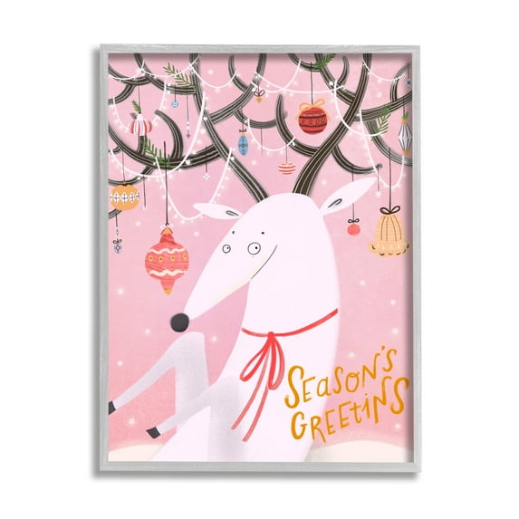 Stupell Industries Season's Greetings Sentiment Playful Christmas Ornament Reindeer Animals & Insects Painting Gray Framed Art Print Wall Art, 24 x 30